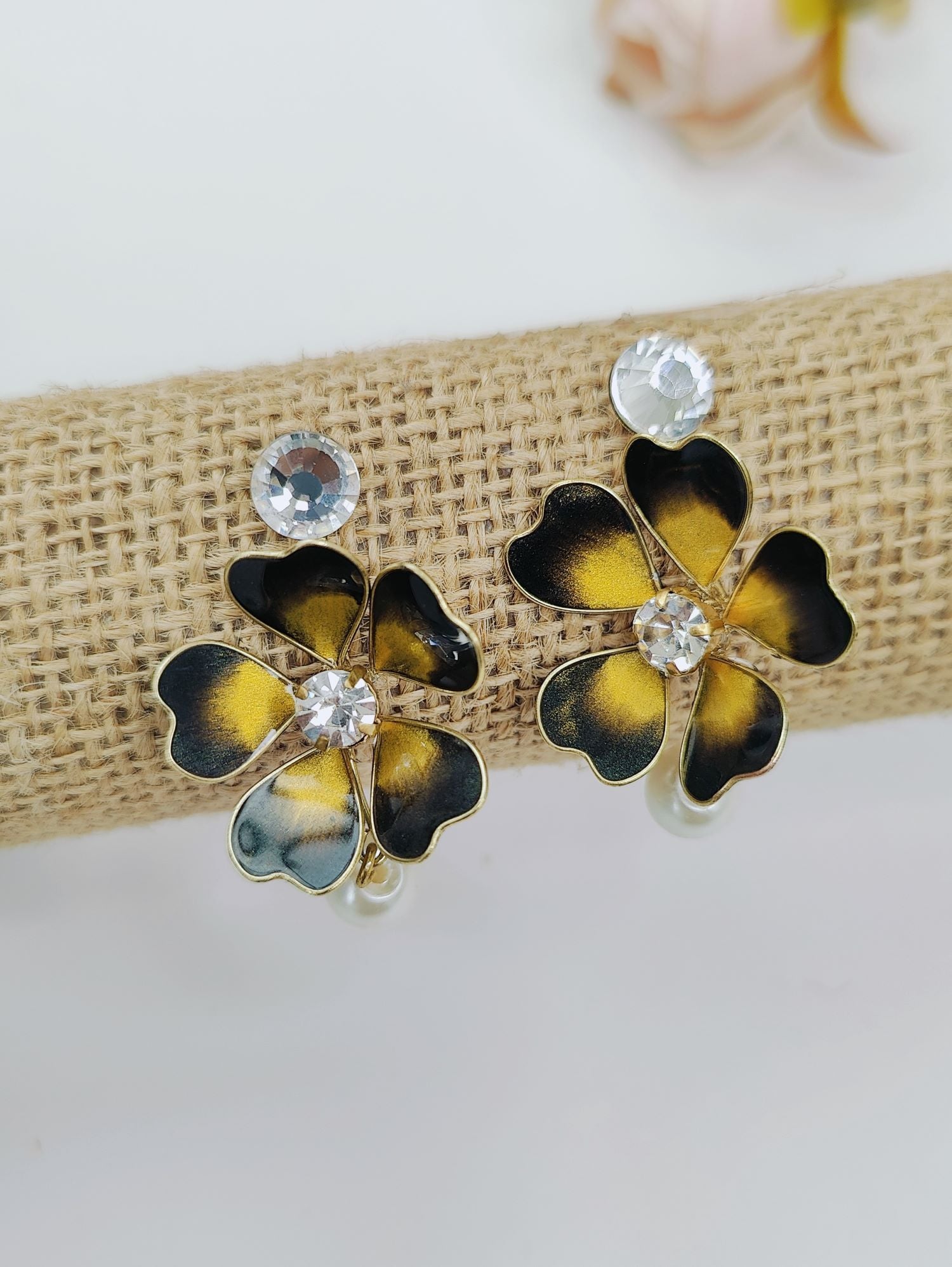 Handmade Floral Resin Drop Earrings in Black & Gold