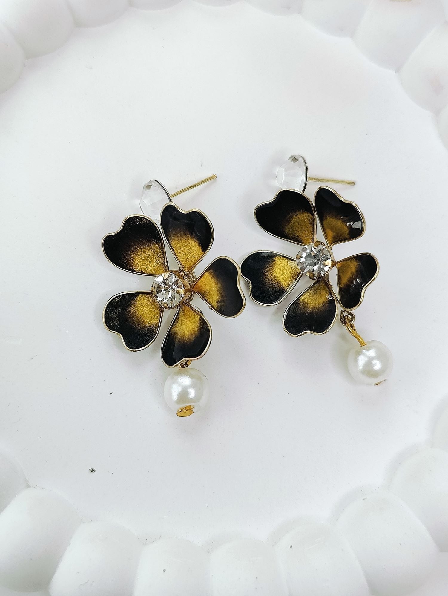 Handmade Floral Resin Drop Earrings in Black & Gold
