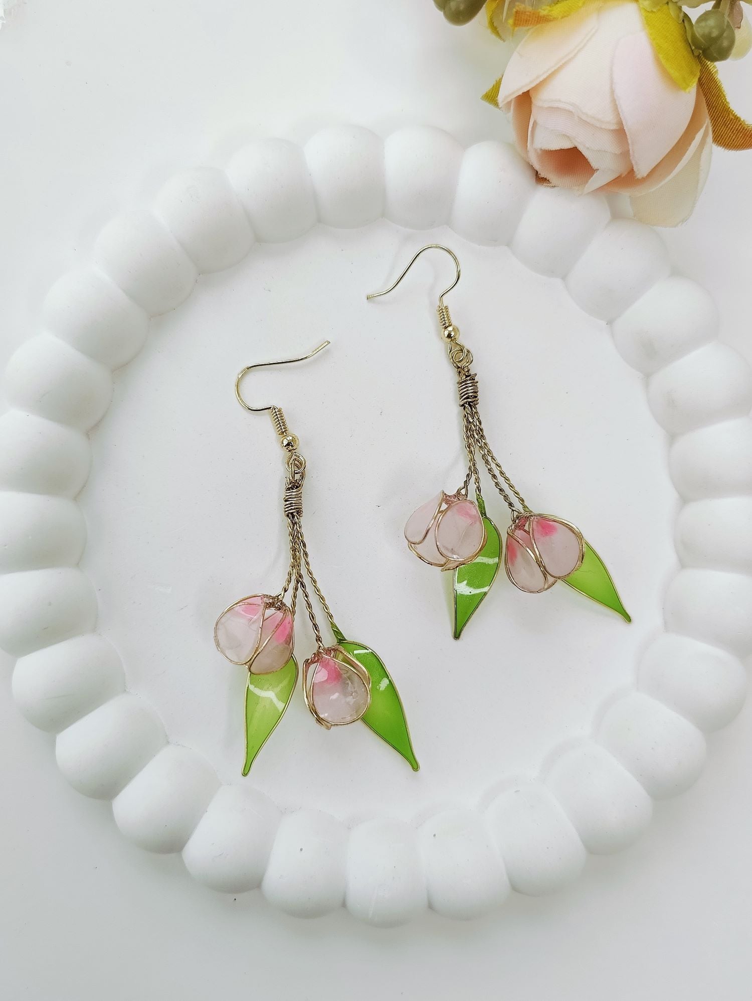 Soft Pink Floral Resin Drop Earrings for Women