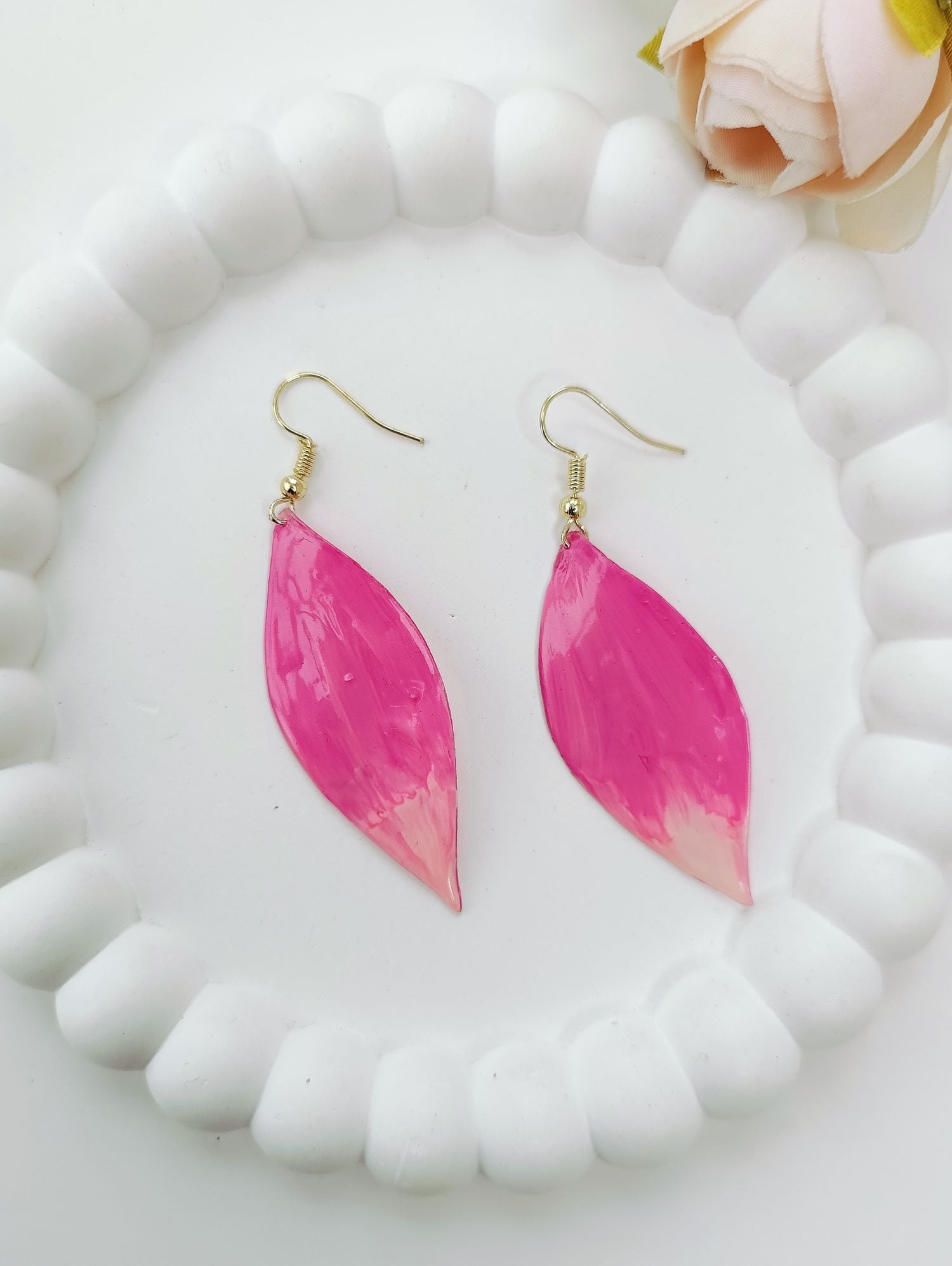Bright Pink Floral Resin Drop Earrings
