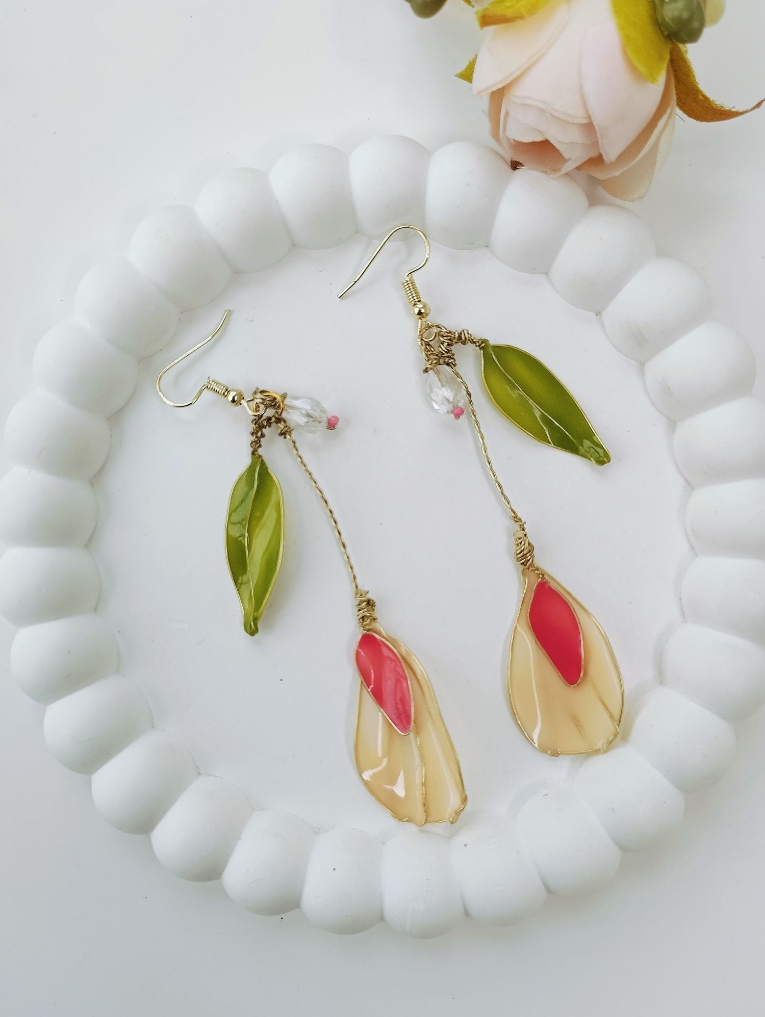 Handmade Pink Floral Resin Drop Earrings