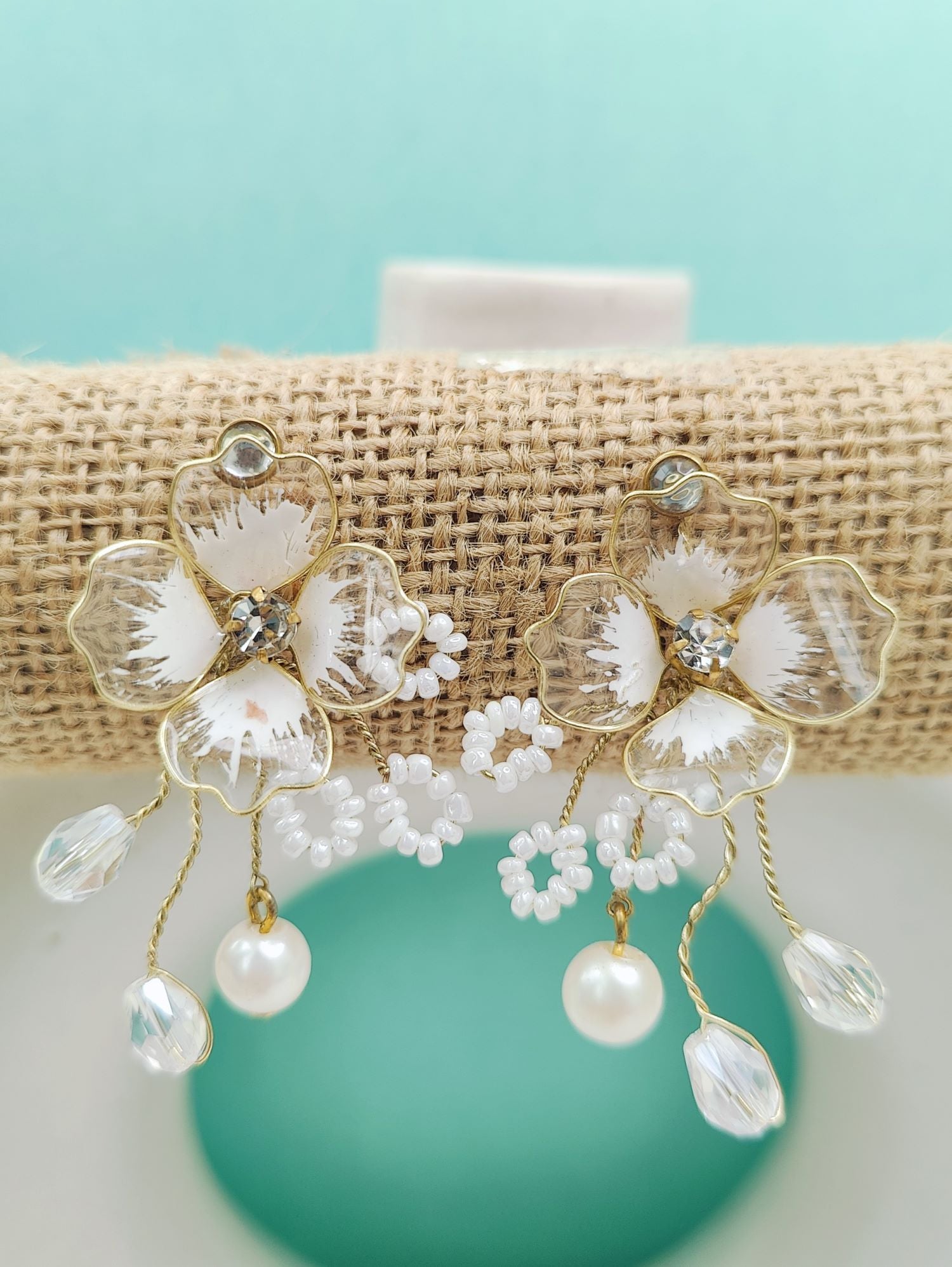 Handmade Crystal White Floral Resin Drop Earrings