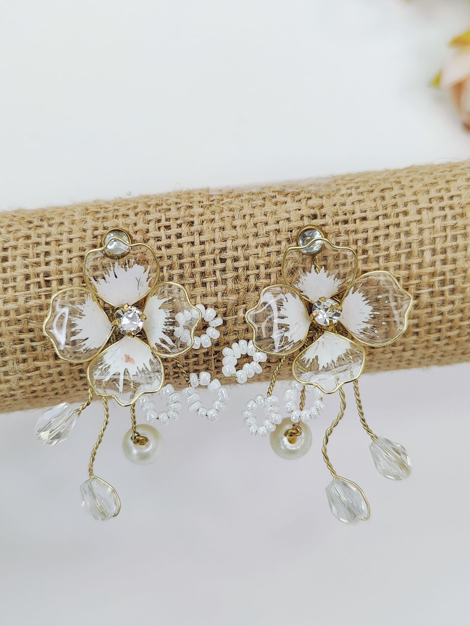Handmade Crystal White Floral Resin Drop Earrings