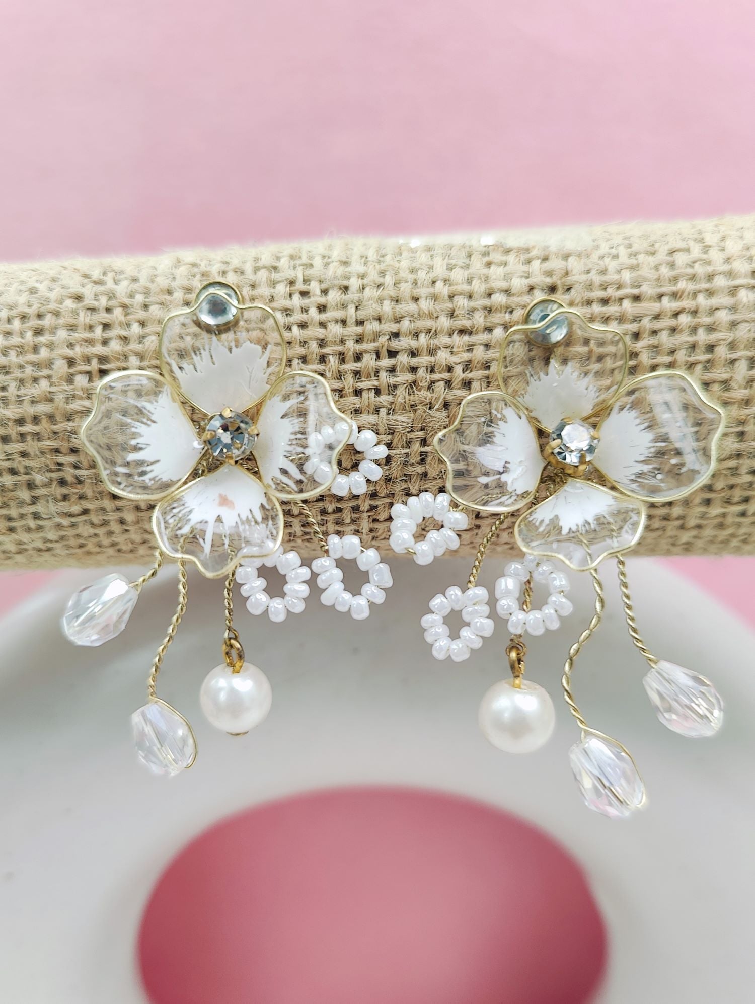 Handmade Crystal White Floral Resin Drop Earrings