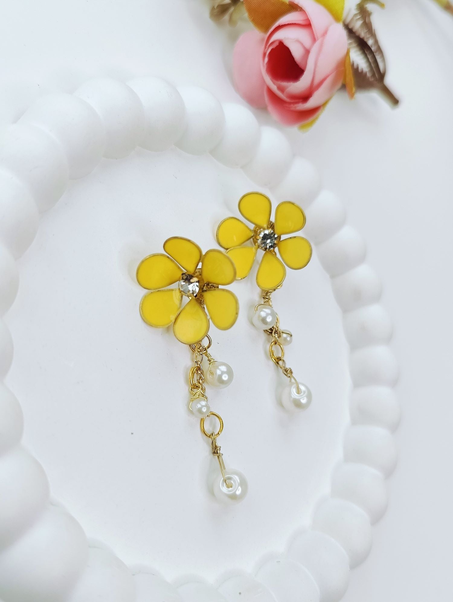 Yellow Floral Handmade Resin Drop Earrings