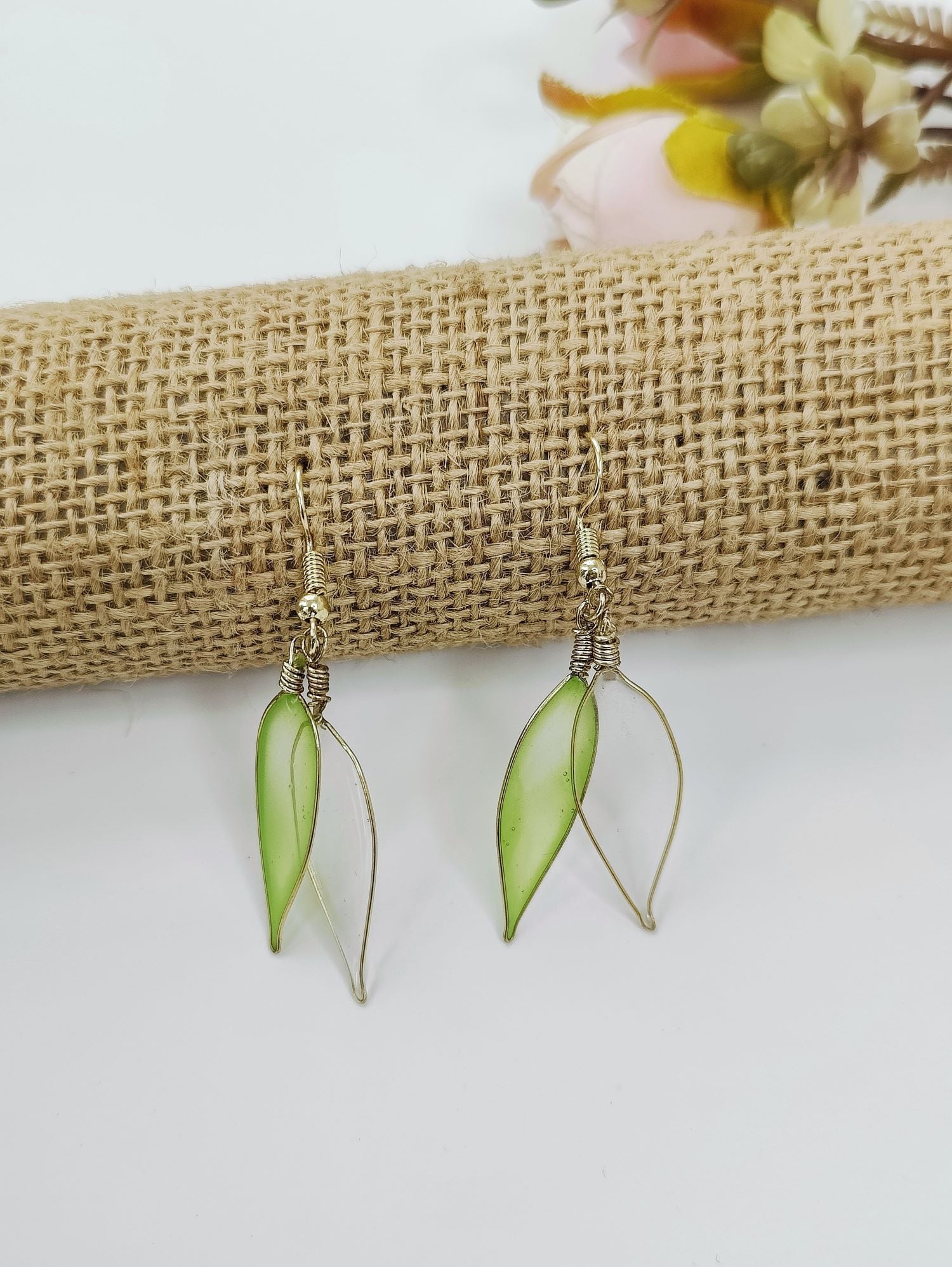 Handmade Green Floral Resin Drop Earrings