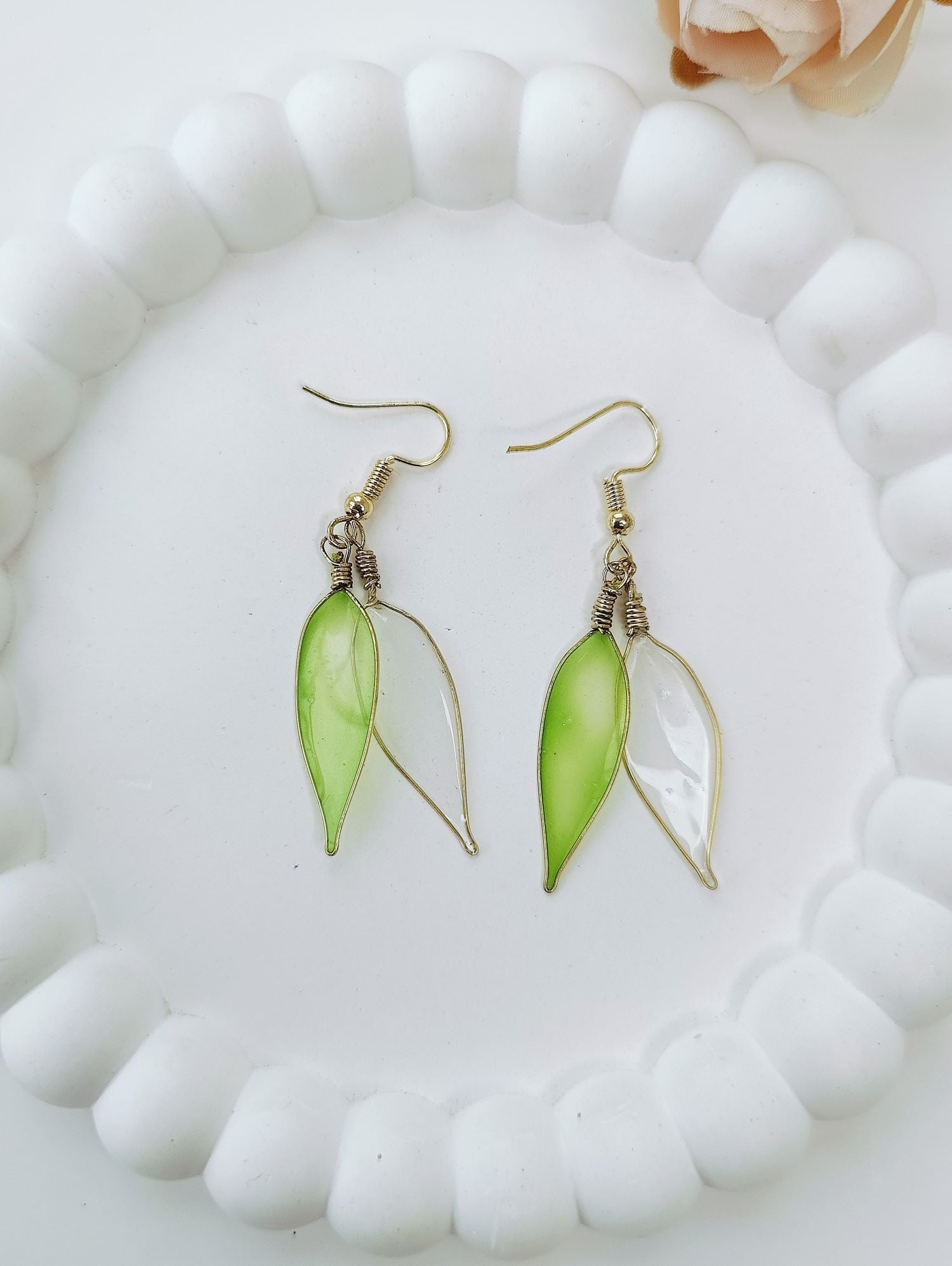 Handmade Green Floral Resin Drop Earrings