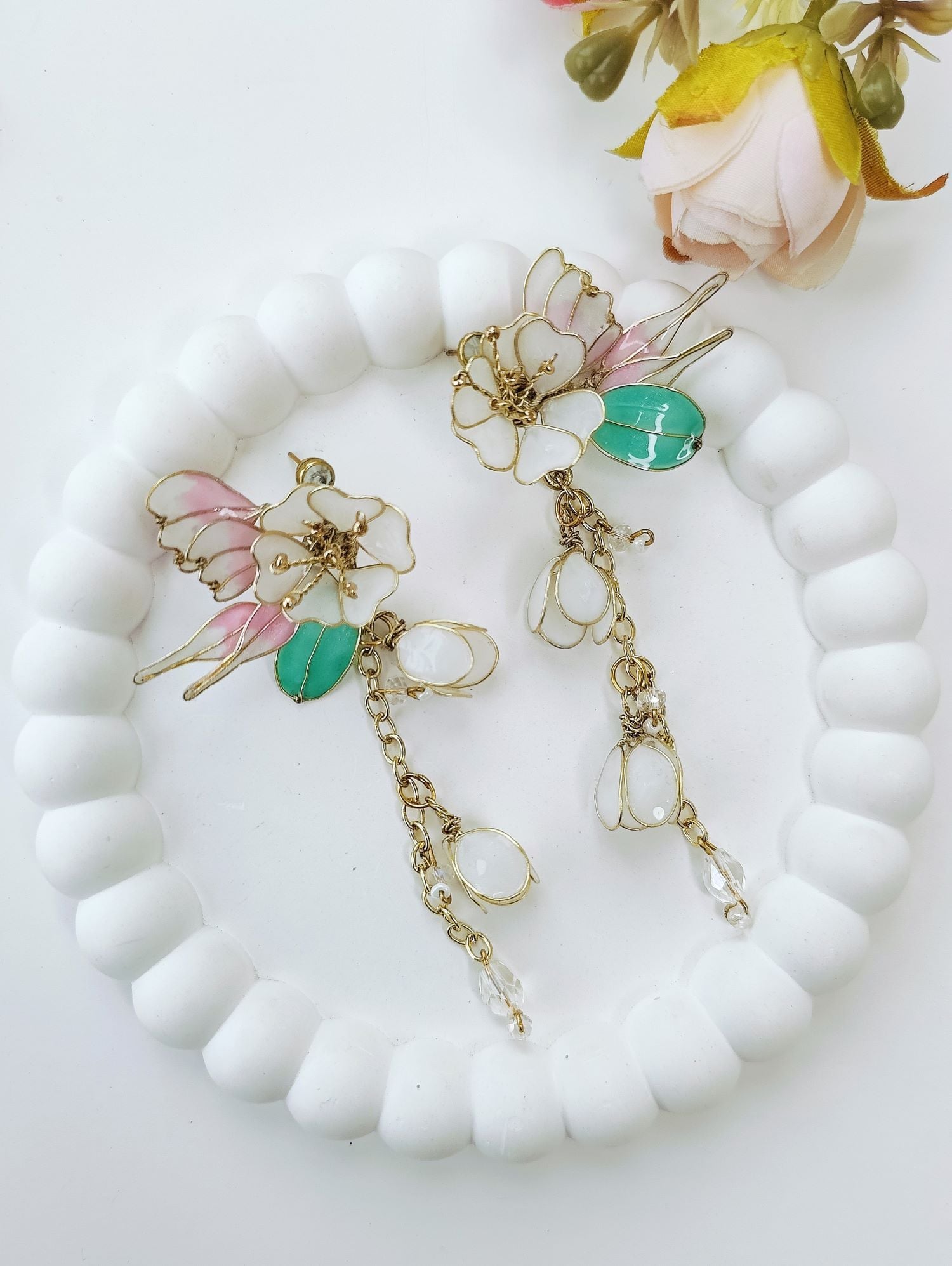 Handmade White Floral Resin Drop Earrings