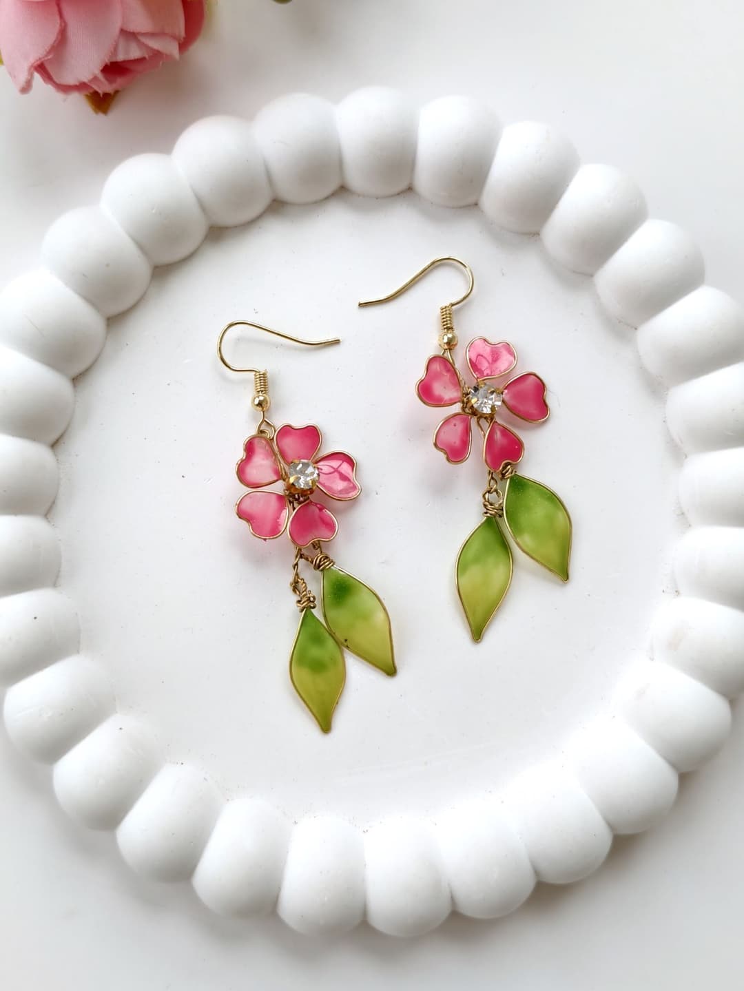 Handmade Pink & Green Floral Resin Drop Earrings