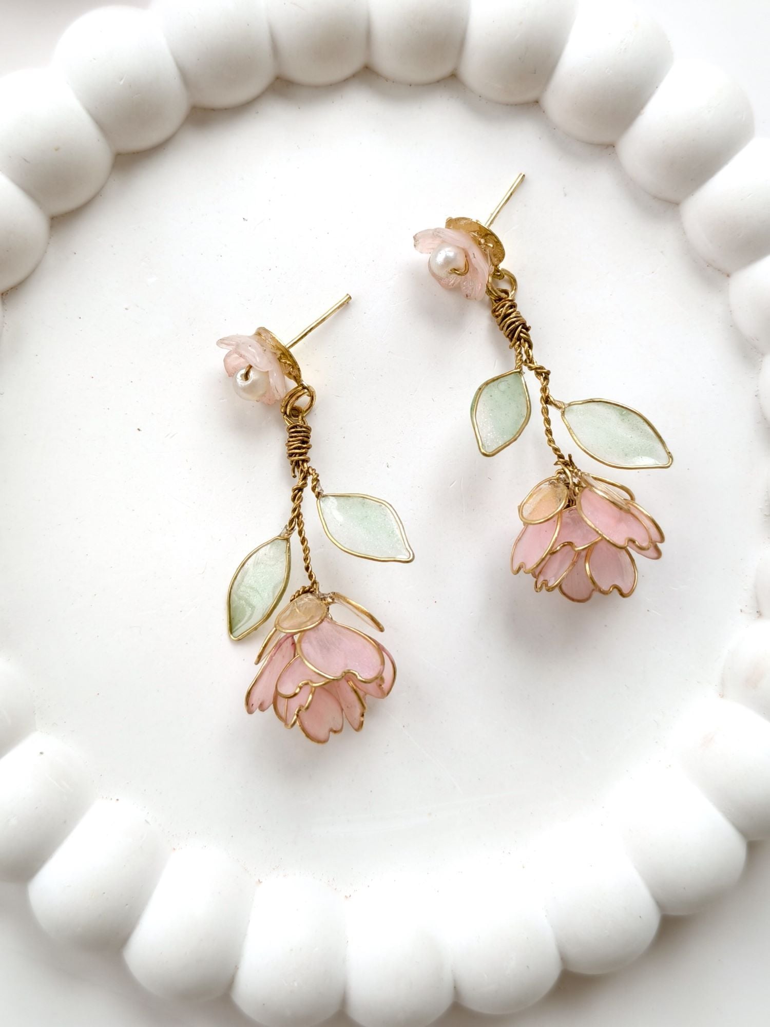 Handmade Light Pink Floral Resin Drop Earrings