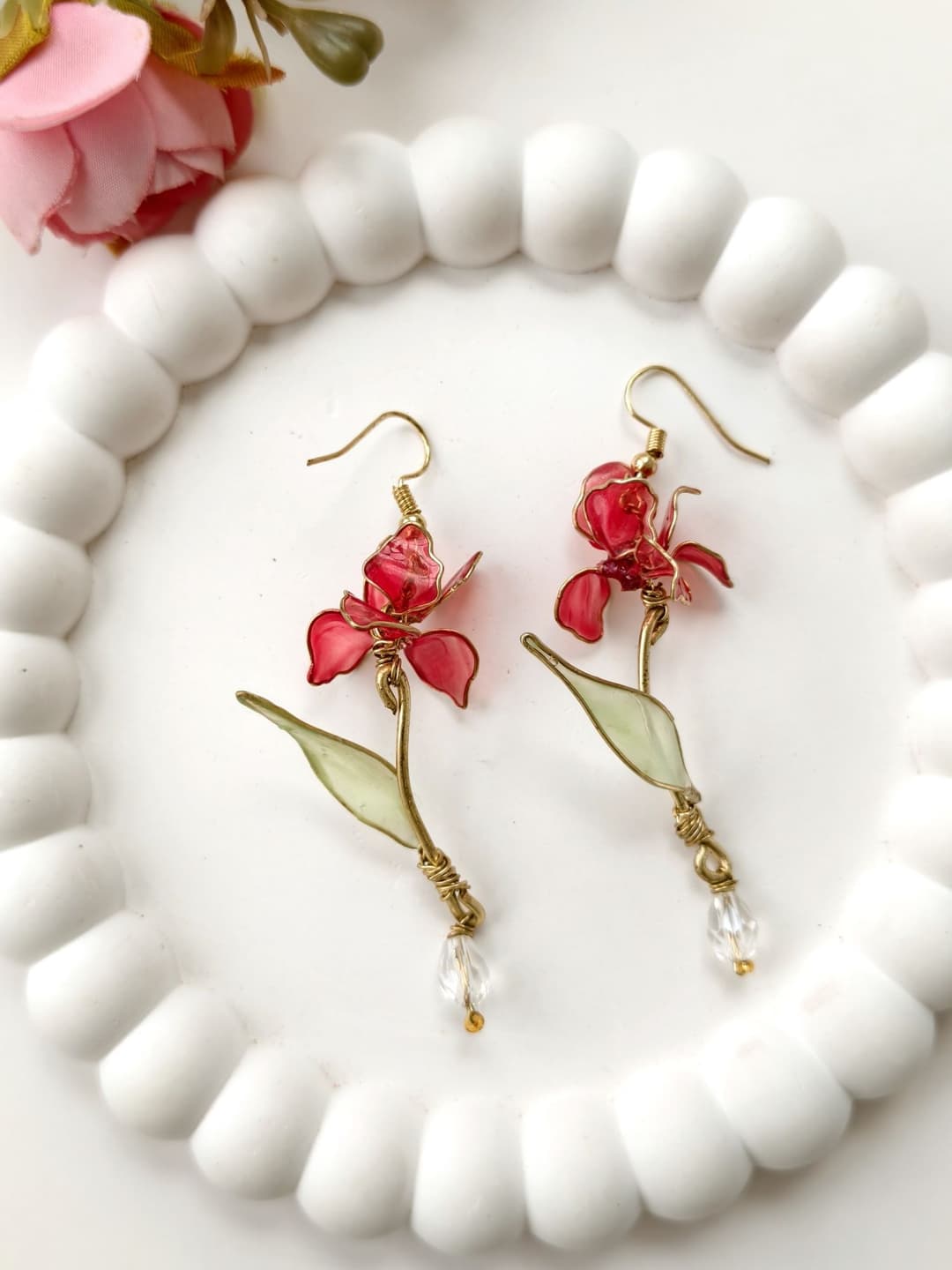 Handmade Floral Resin Drop Earrings in Cheery Red