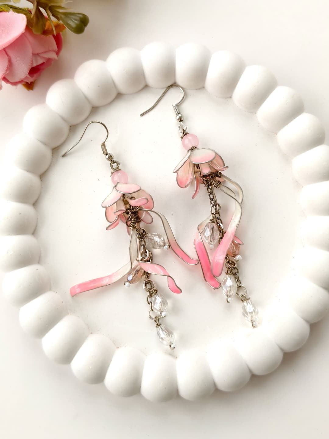 Soft Pink Floral Resin Drop Earrings for Women