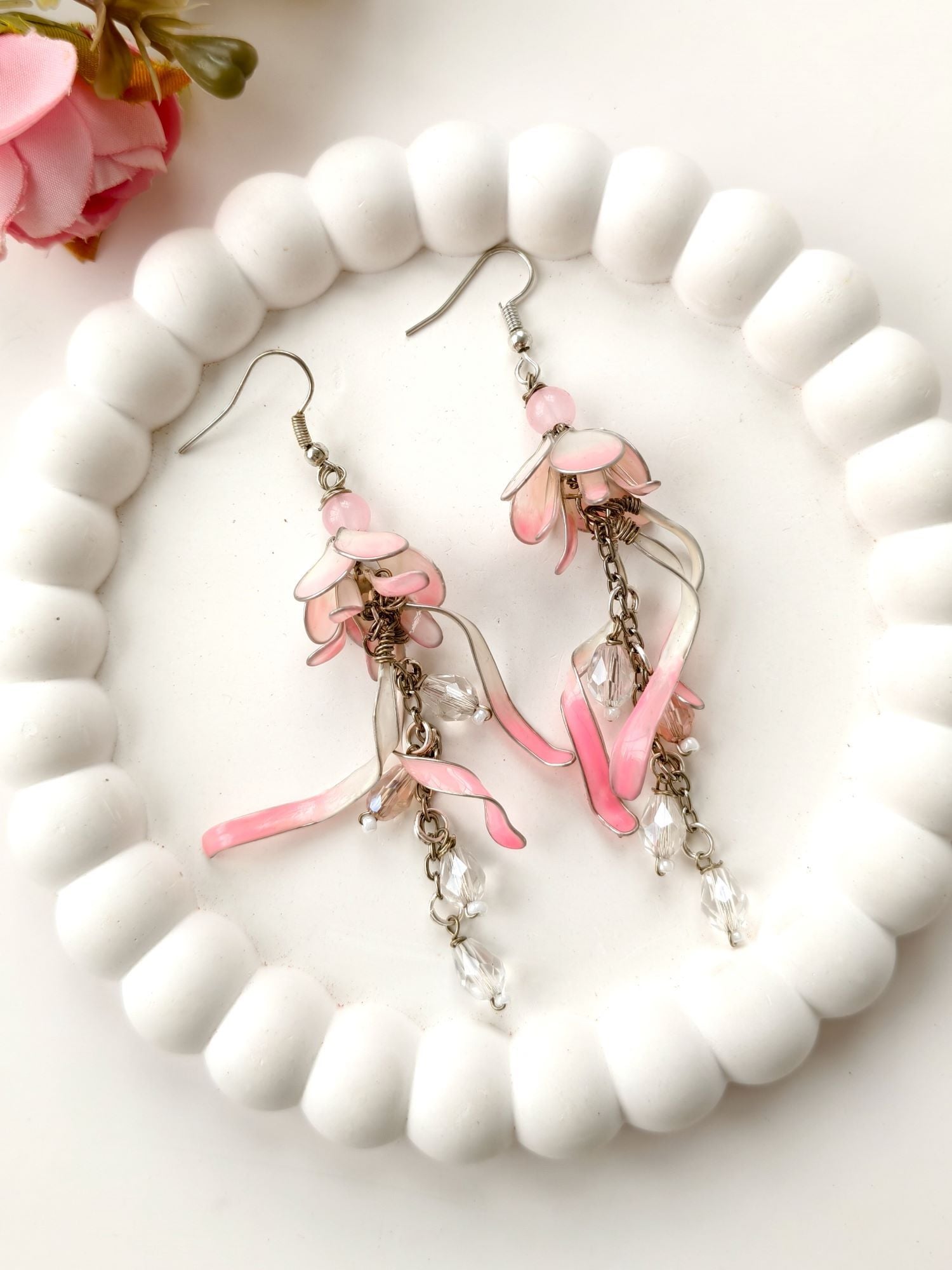 Soft Pink Floral Resin Drop Earrings for Women