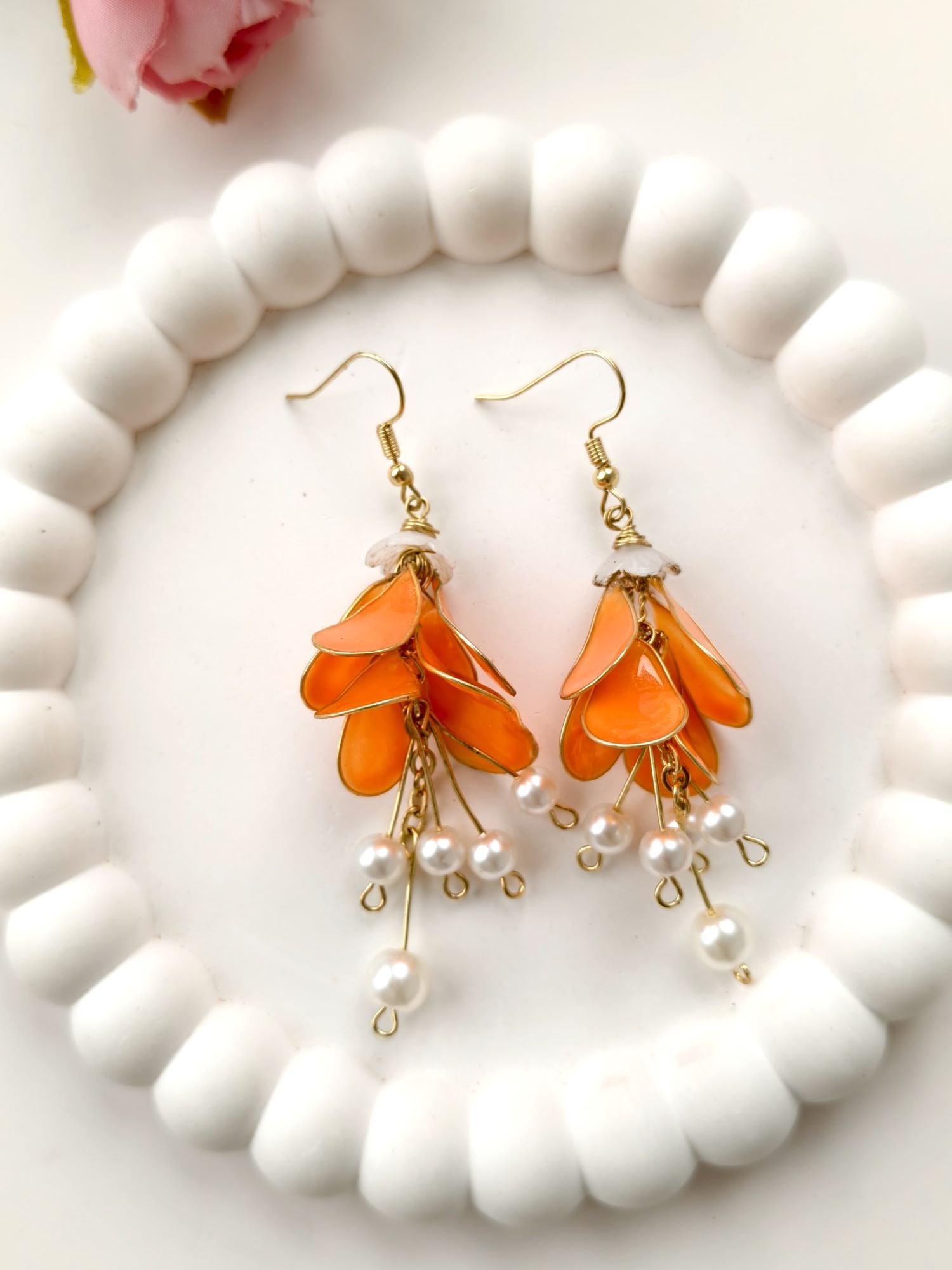 Handmade Orange Floral Resin Drop Earrings