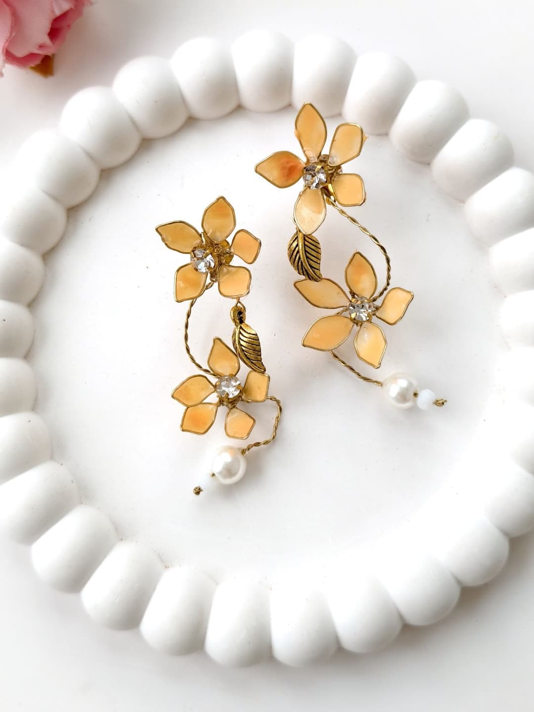Handmade Light Orange Floral Resin Drop Earrings