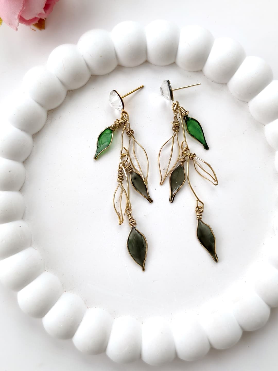 Handmade Dark Green Floral Resin Drop Earrings