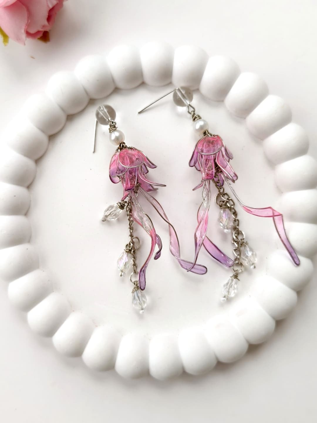 Handmade Floral Resin Drop Earrings Purple Pink