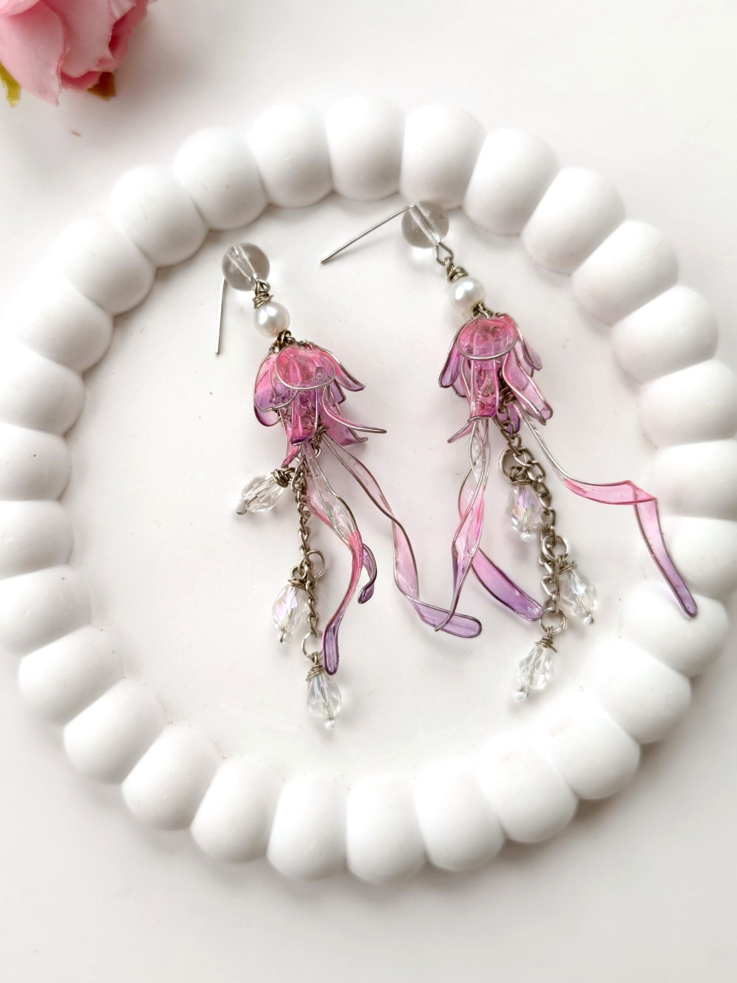 Handmade Floral Resin Drop Earrings Purple Pink