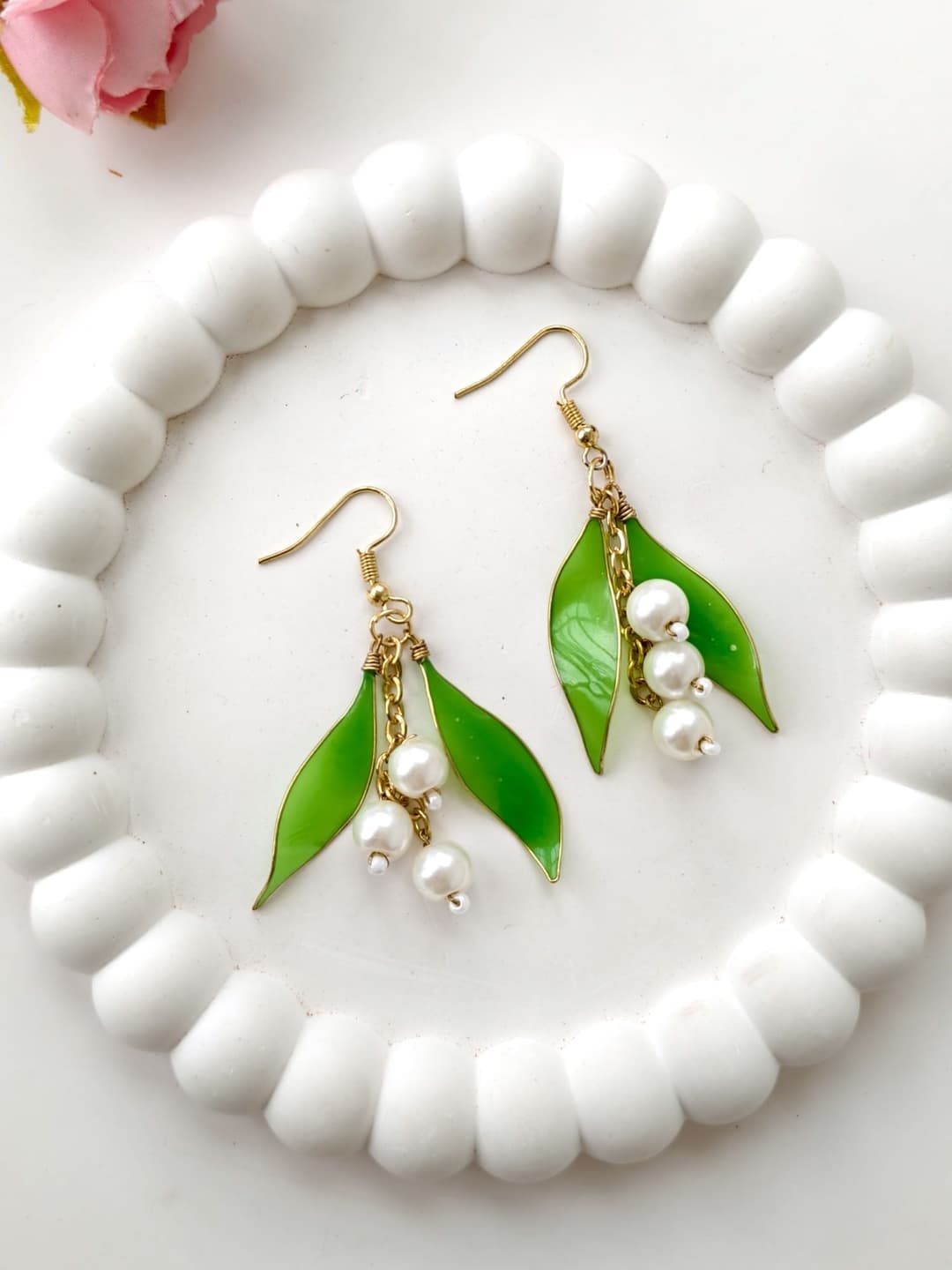 Handmade Green & White Floral Resin Drop Earrings