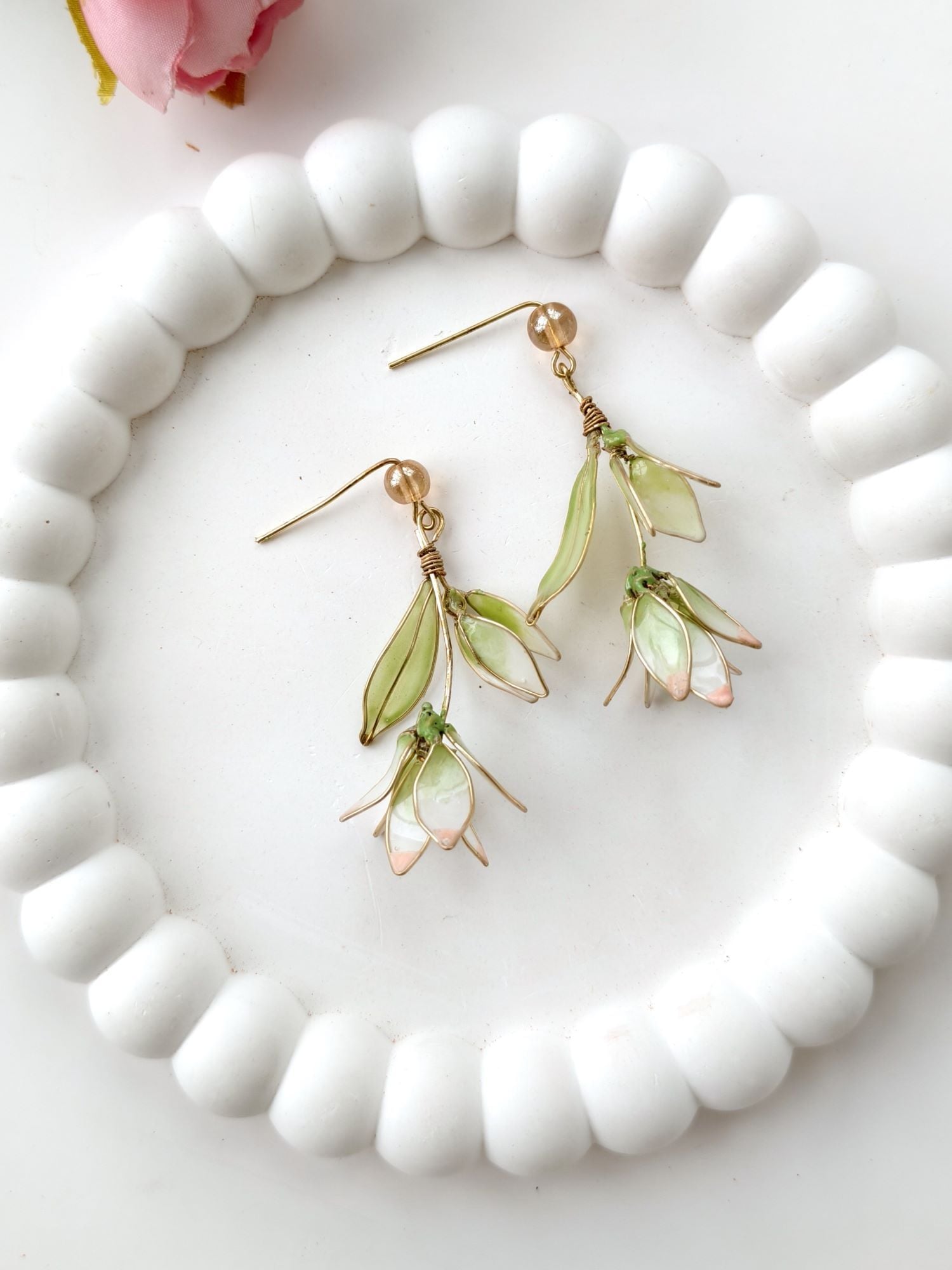Handmade Light Green Floral Resin Drop Earrings