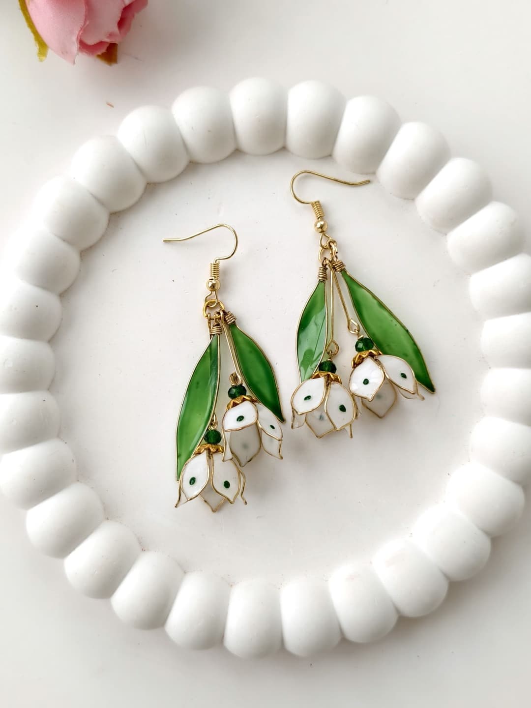 Handmade Green & White Floral Resin Drop Earrings