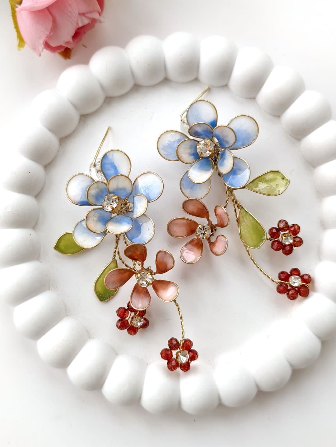 Sky Blue Floral Handmade Resin Drop Earrings