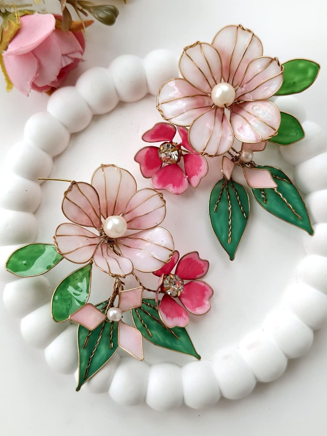 Handmade Baby Pink and Green Floral Resin Earrings