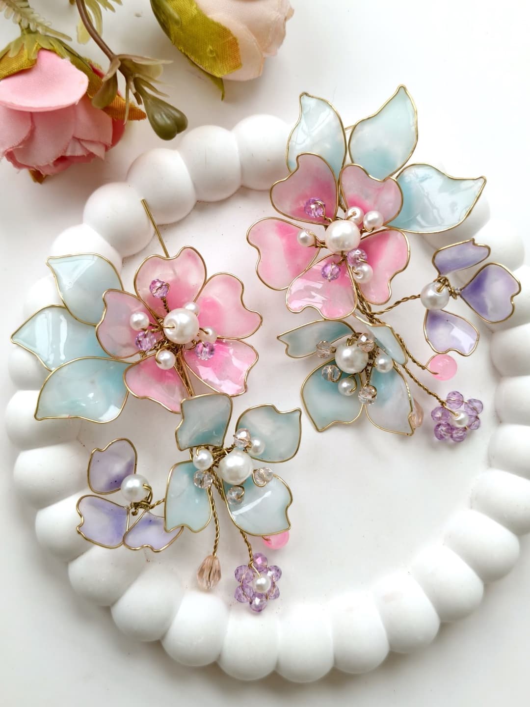 Handmade Floral Resin Drop Earrings in Powder Blue