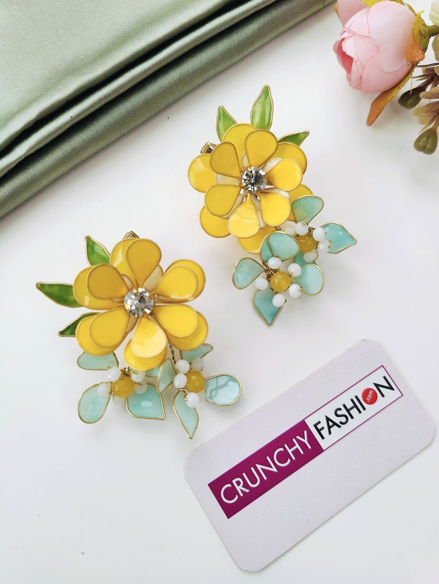 Sunshine Bloom Resin Earrings with Crystal Floral Design