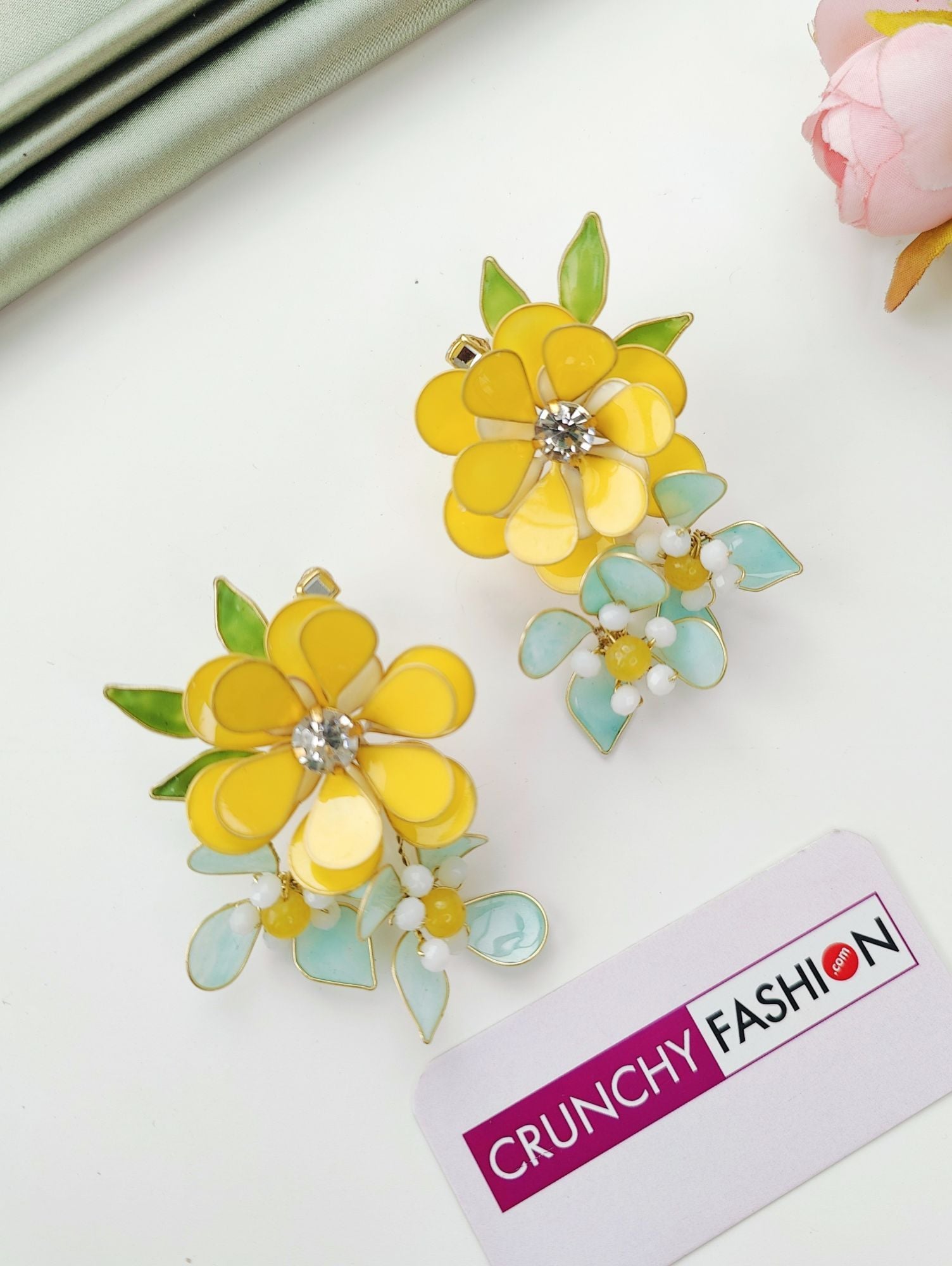 Sunshine Bloom Resin Earrings with Crystal Floral Design