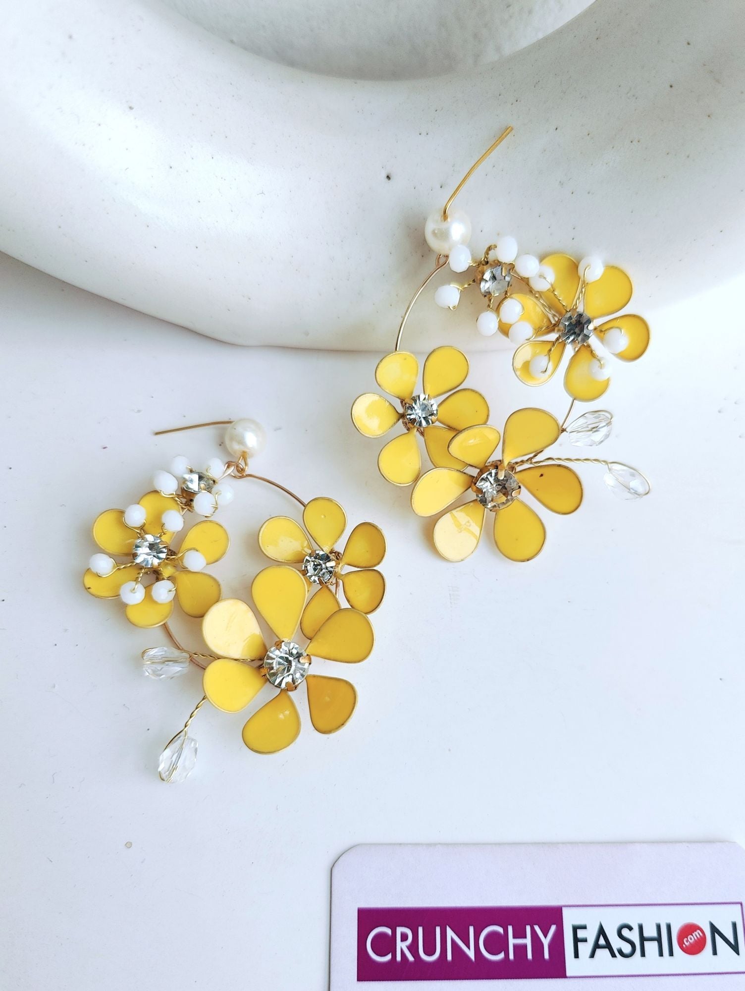 Haldi Carnival Charm: Multicolor Resin Floral Drop Earrings in Yellow & White