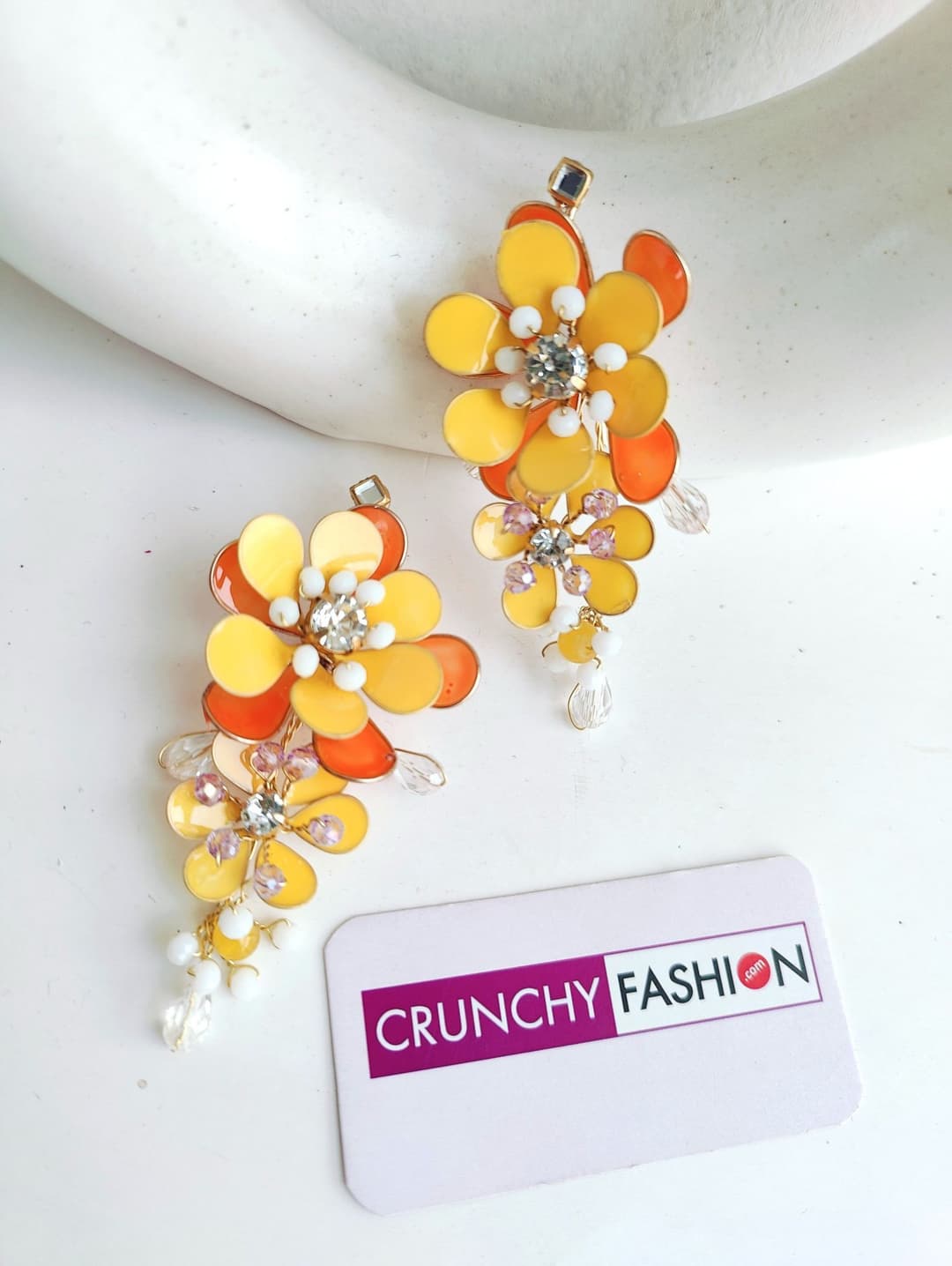 Yellow-Orange Resin Floral Haldi Dangler Earrings