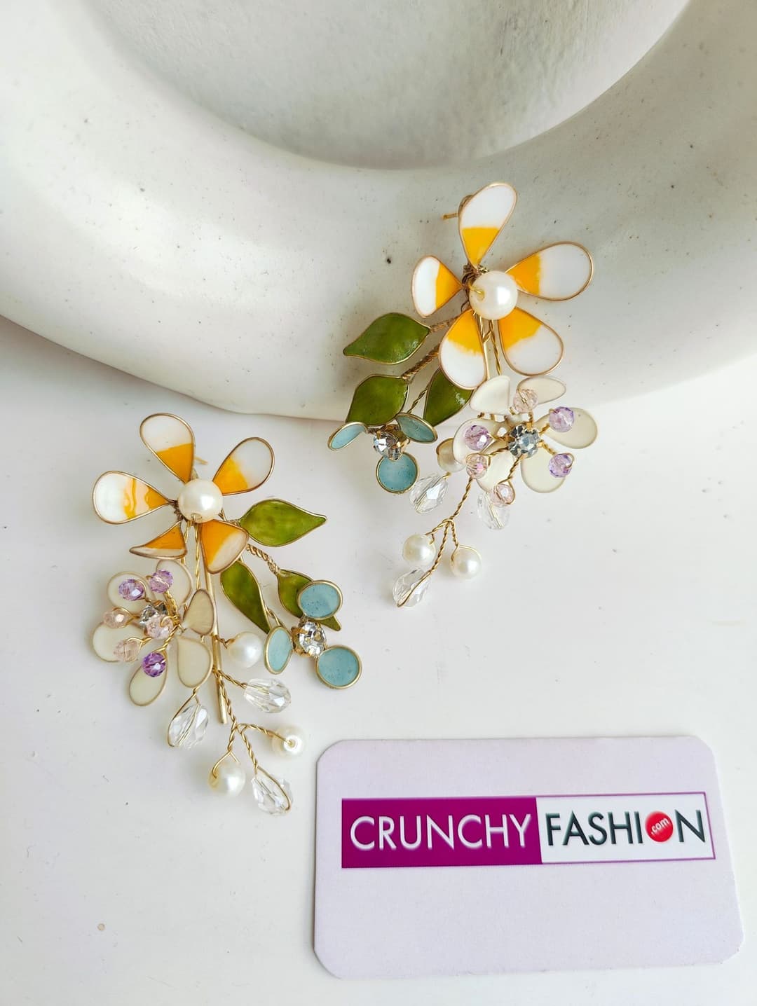 Yellow-White Resin Floral Haldi Drop Earrings