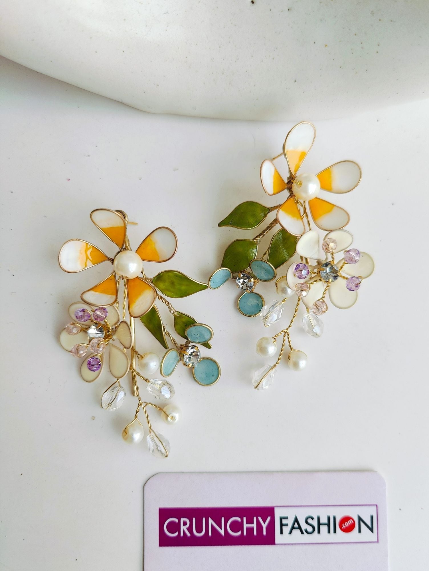 Yellow-White Resin Floral Haldi Drop Earrings