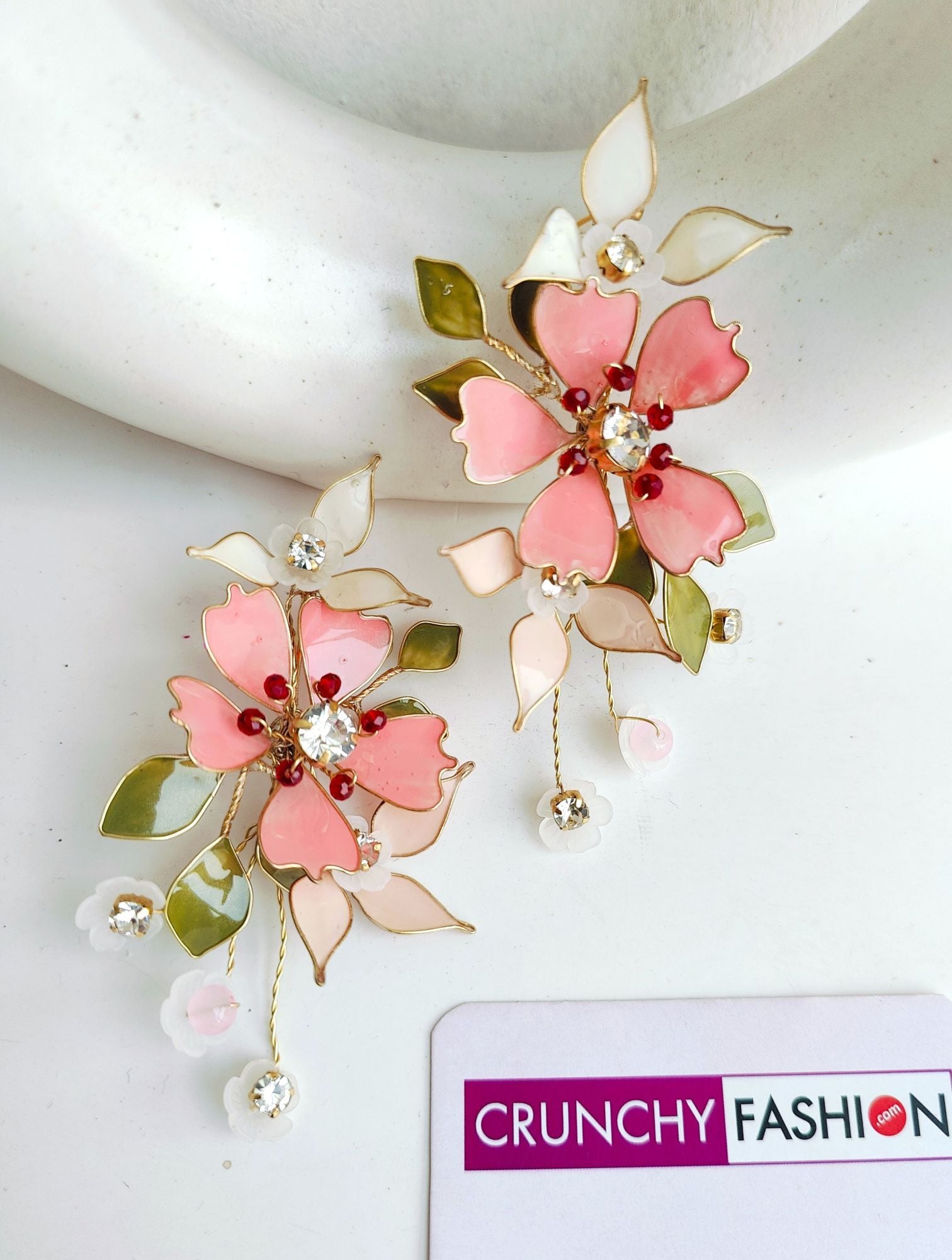 Pink-White Resin Floral Haldi Drop Earrings