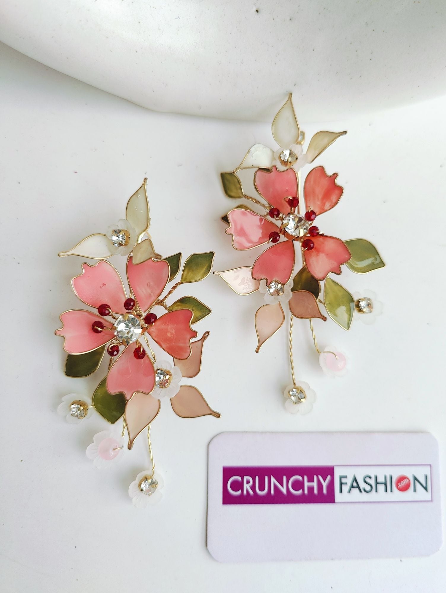 Pink-White Resin Floral Haldi Drop Earrings