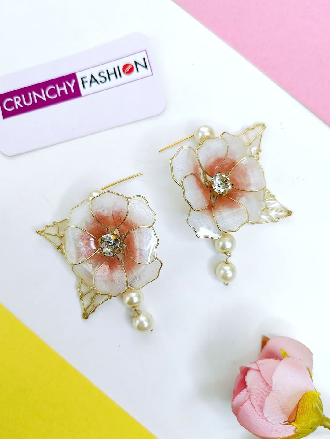 Pastel Pink-White Resin Floral Haldi Drop Earrings