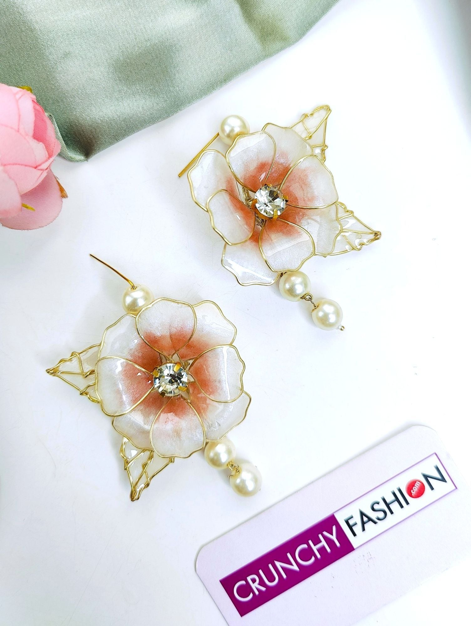 Pastel Pink-White Resin Floral Haldi Drop Earrings
