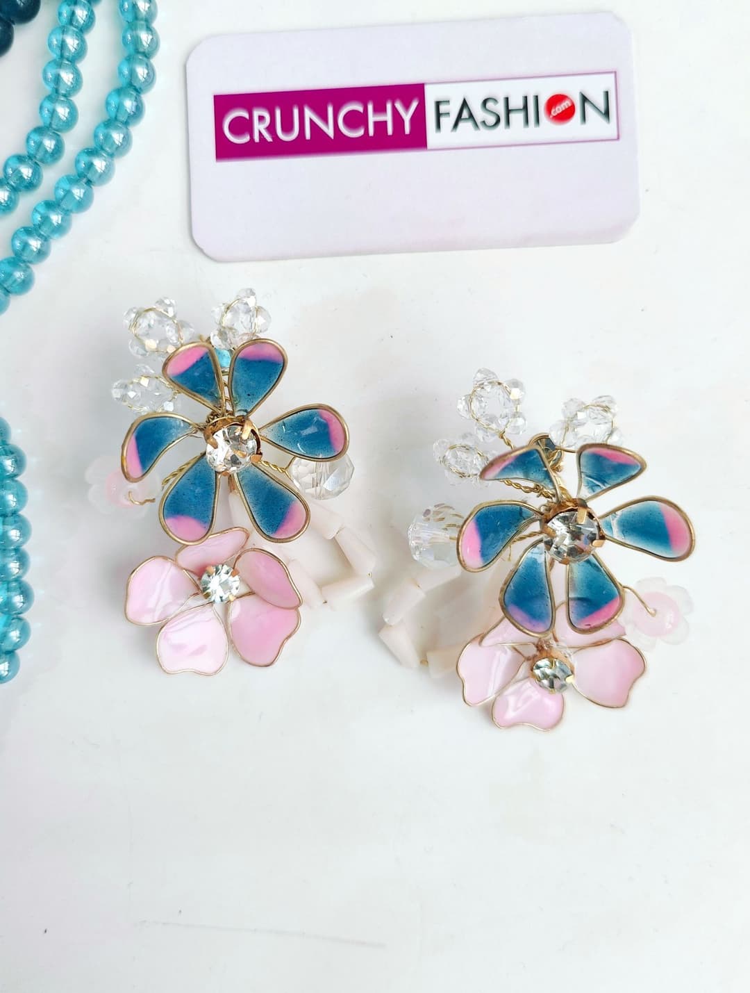 Blue-Pink Resin Floral Haldi Carnival Drop Earrings