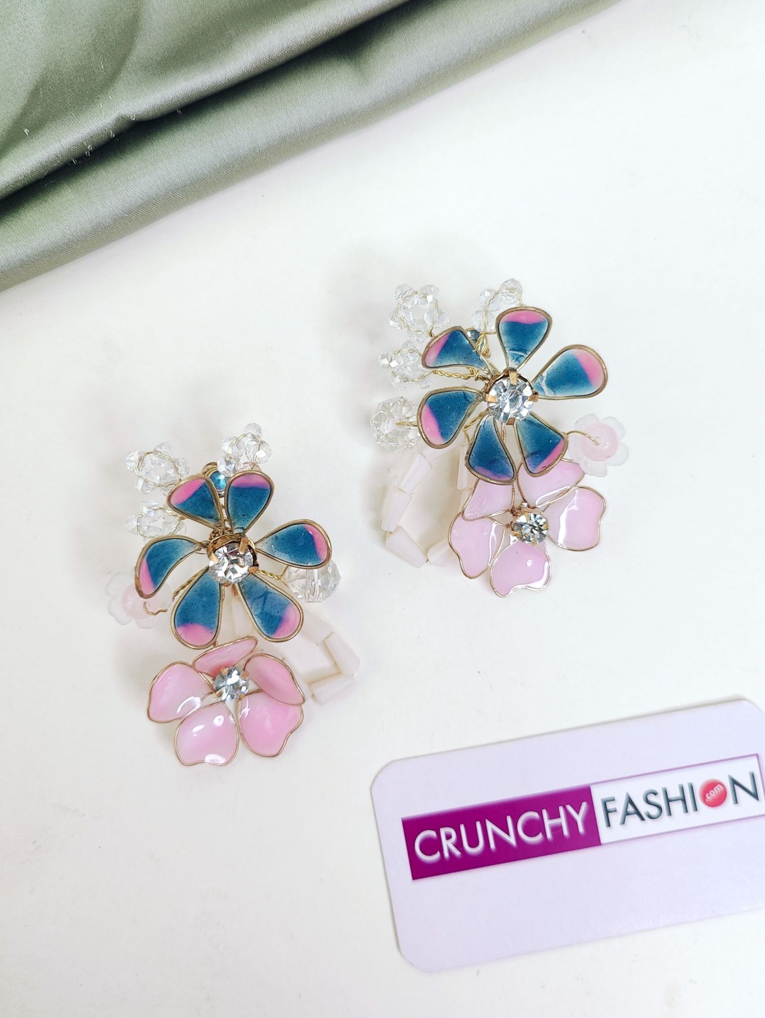 Blue-Pink Resin Floral Haldi Carnival Drop Earrings
