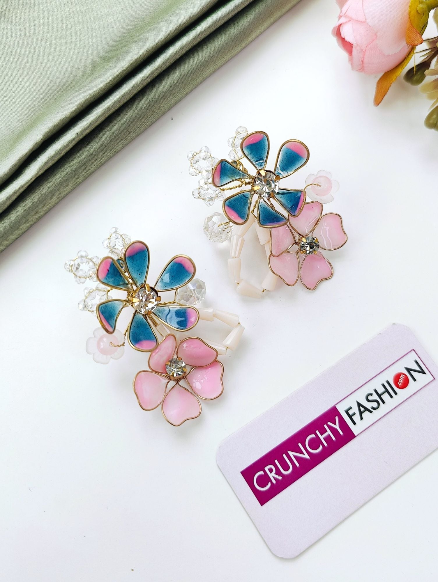 Blue-Pink Resin Floral Haldi Carnival Drop Earrings