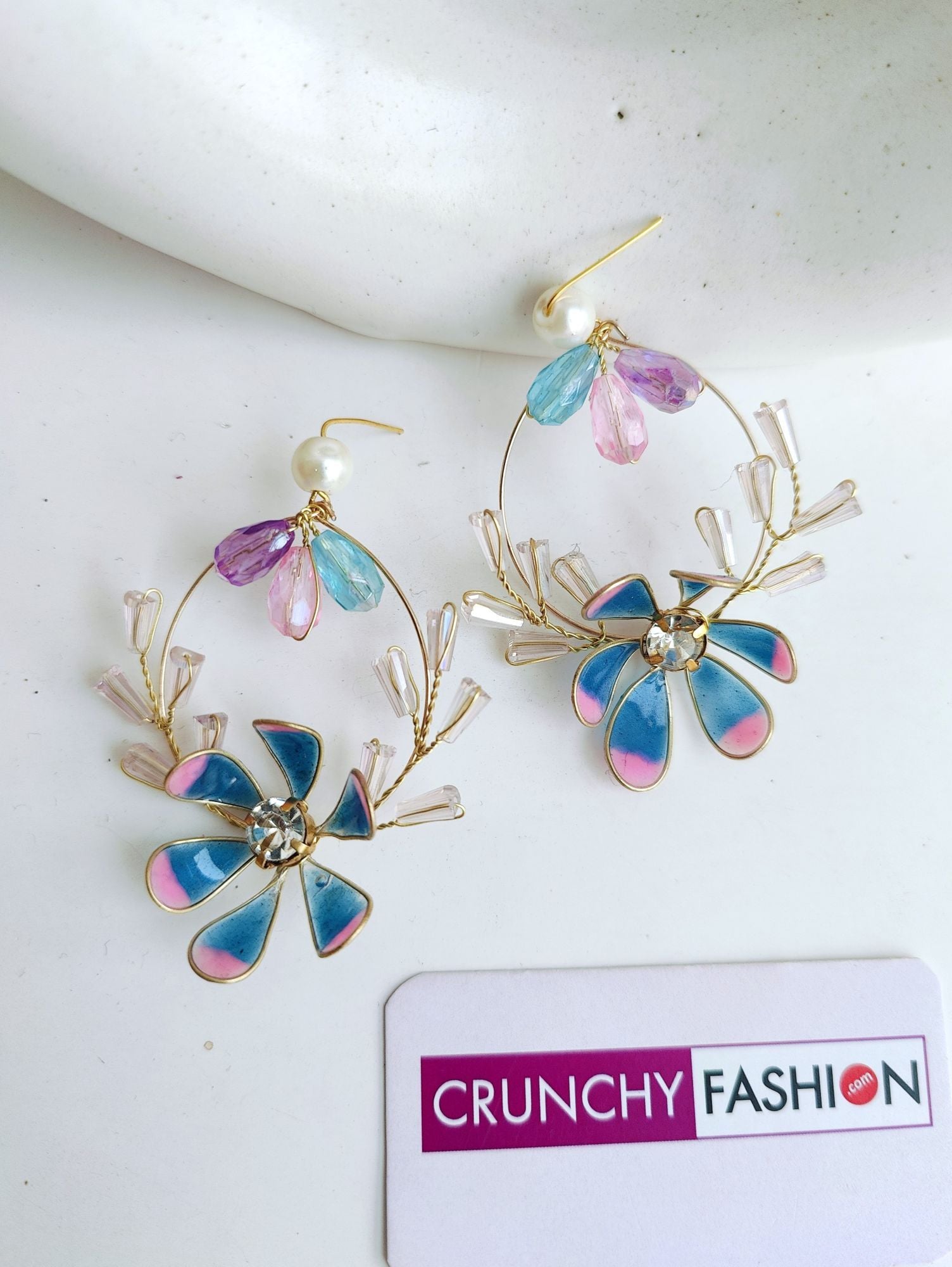 Blue Pink Resin Floral Drop Earrings for Haldi