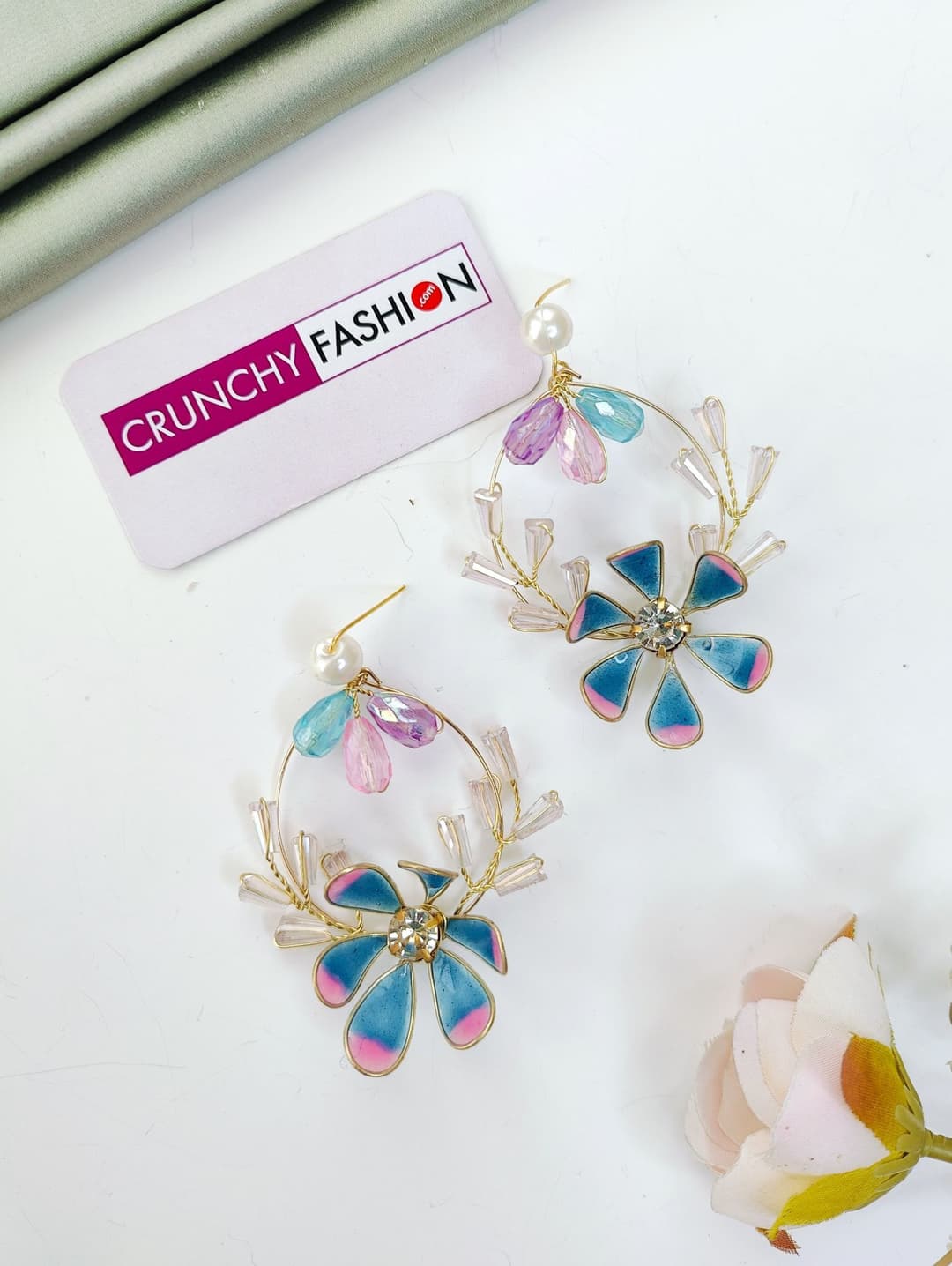 Blue Pink Resin Floral Drop Earrings for Haldi