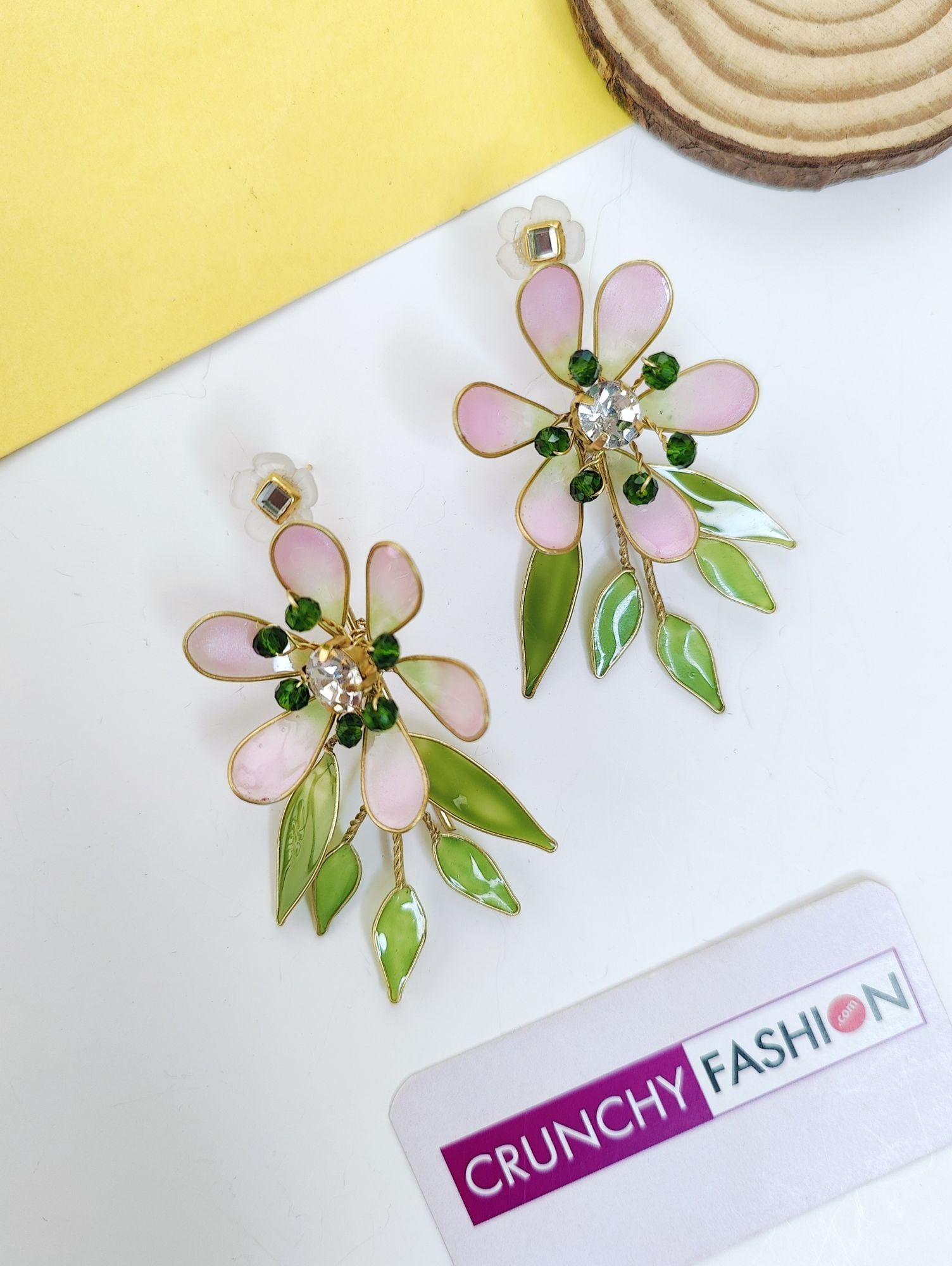 Pastel Green-Pink Resin Floral Haldi Drop Earrings