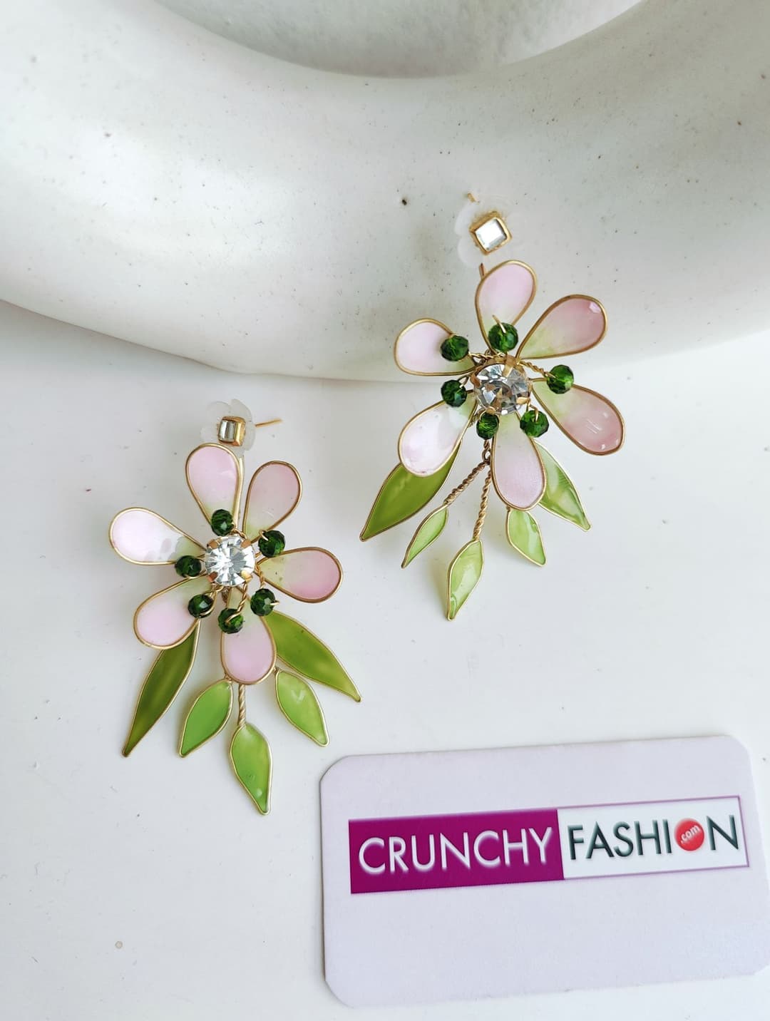 Pastel Green-Pink Resin Floral Haldi Drop Earrings