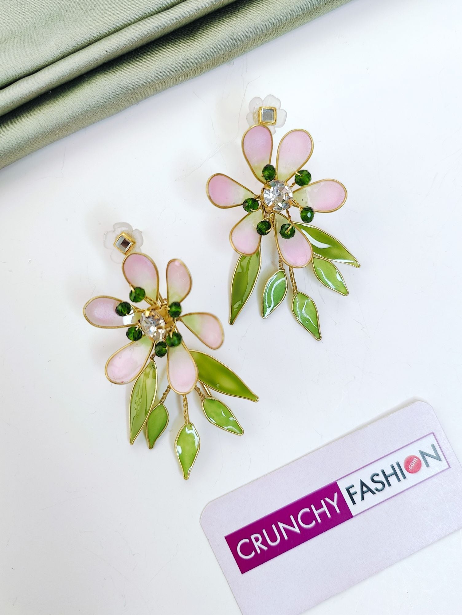 Pastel Green-Pink Resin Floral Haldi Drop Earrings