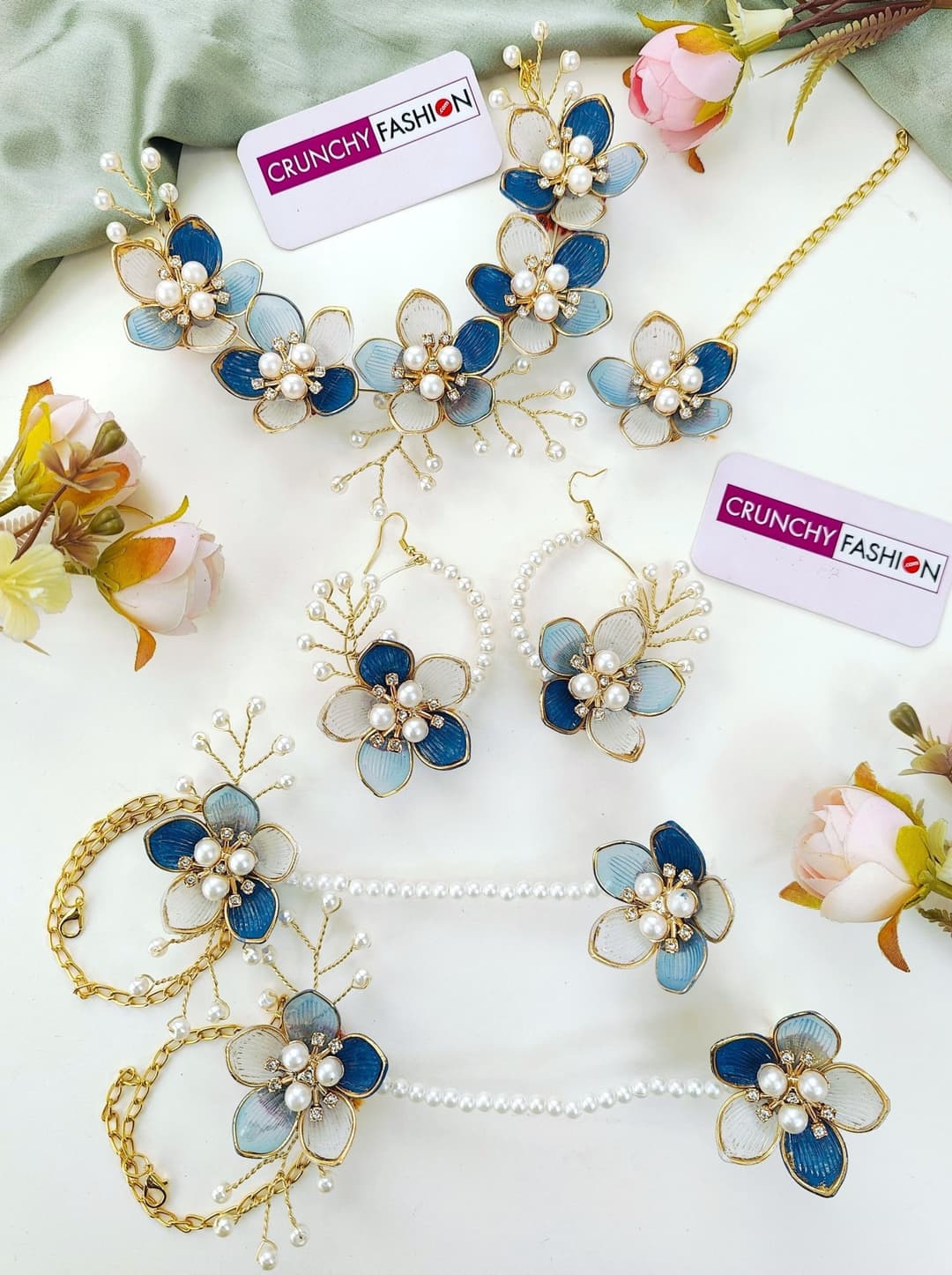Handmade Resin Carnival Blue Floral Jewellery Set - Perfect For Bridal Haldi & Mehndi Ceremony