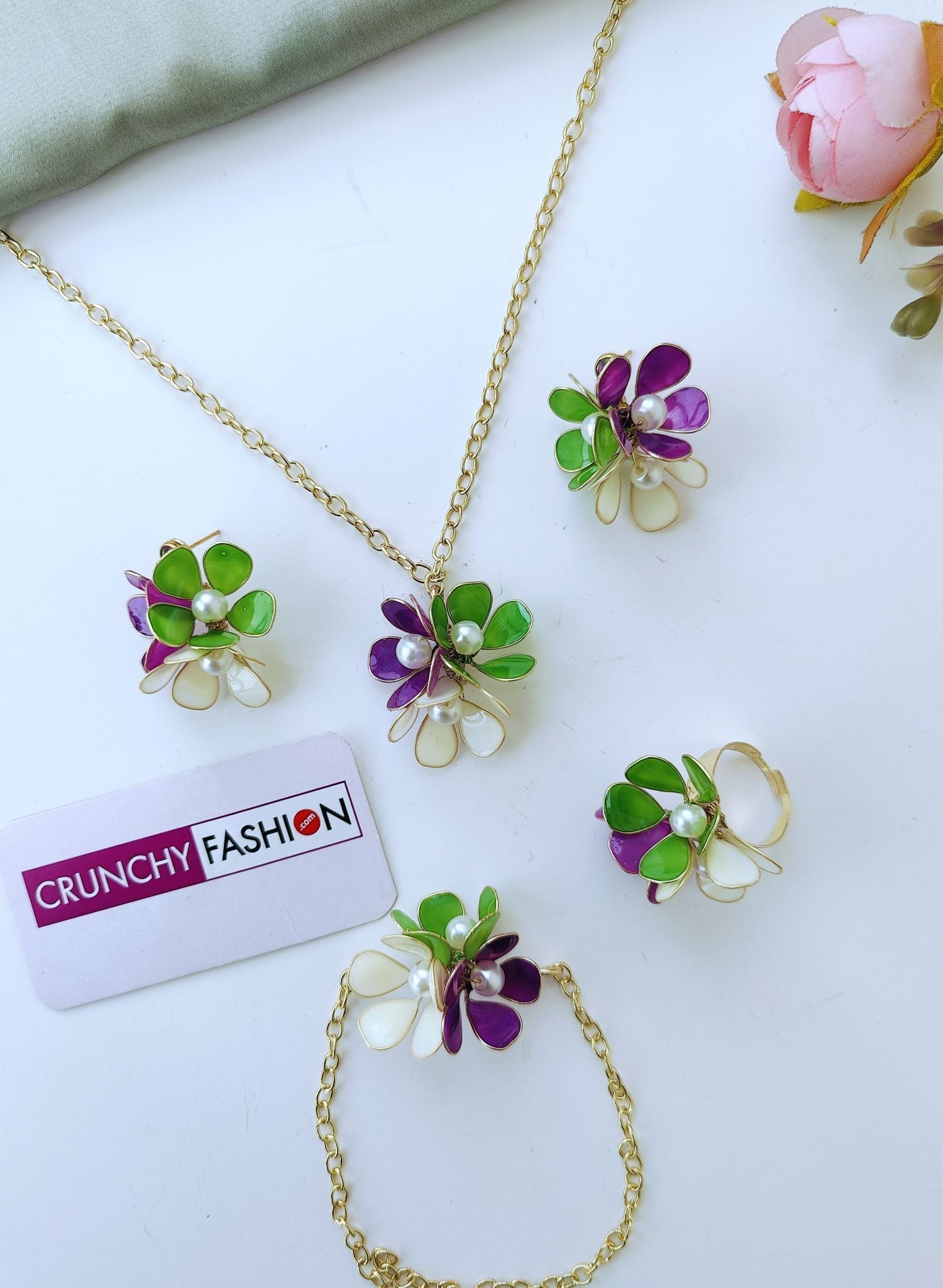 Handmade Purple Green Floral Resin Necklace