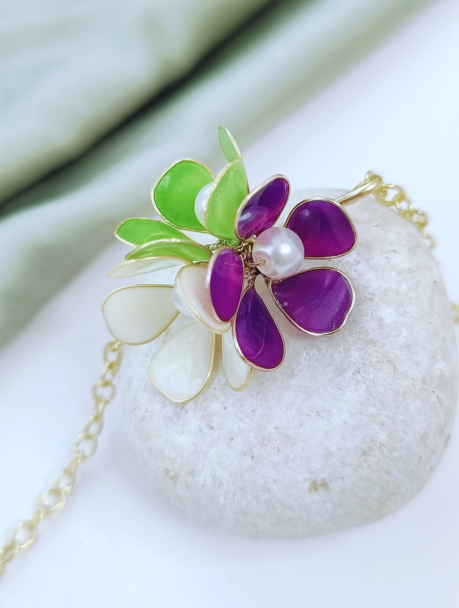 Handmade Purple Green Floral Resin Necklace