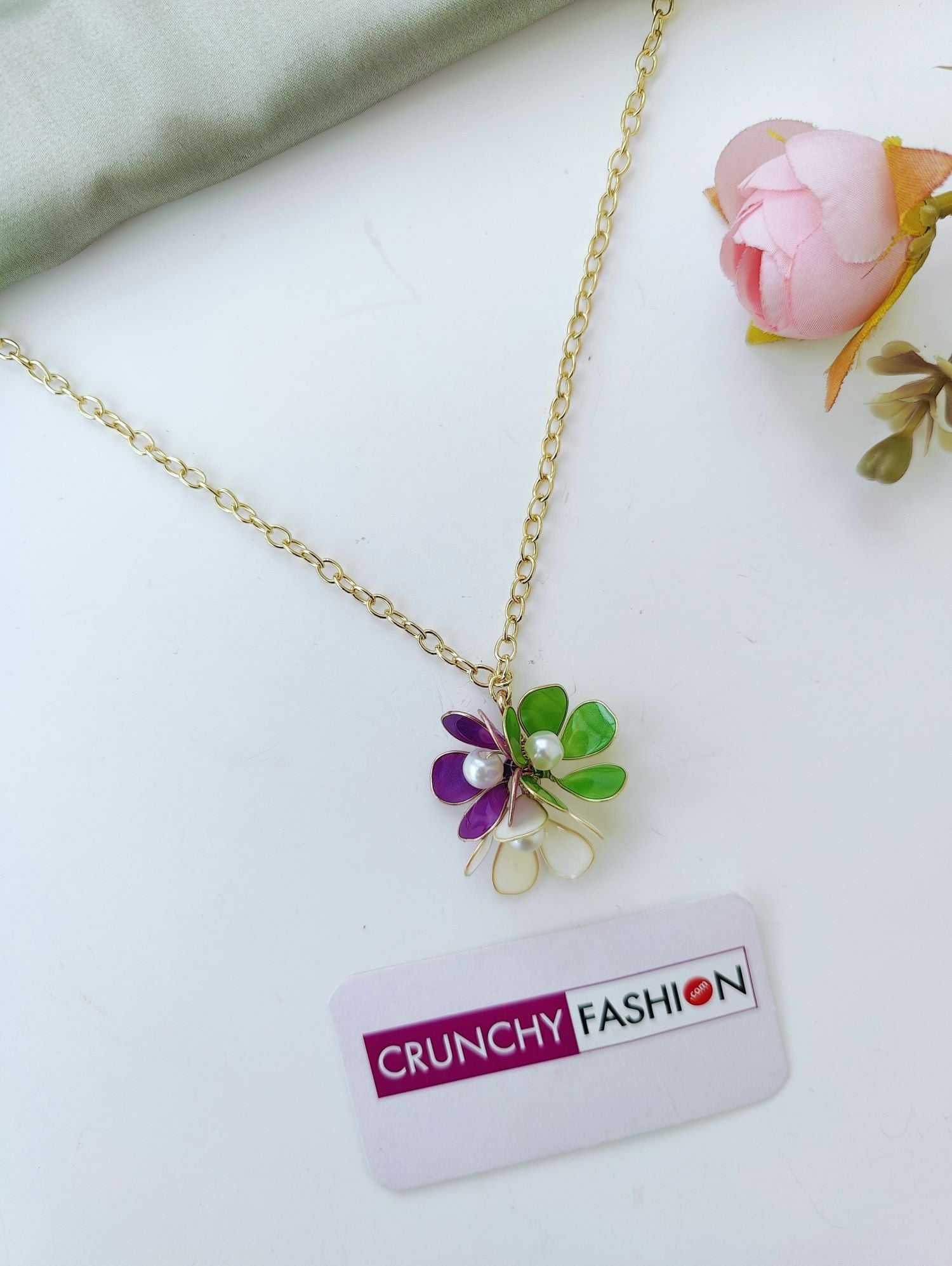 Handmade Purple Green Floral Resin Necklace